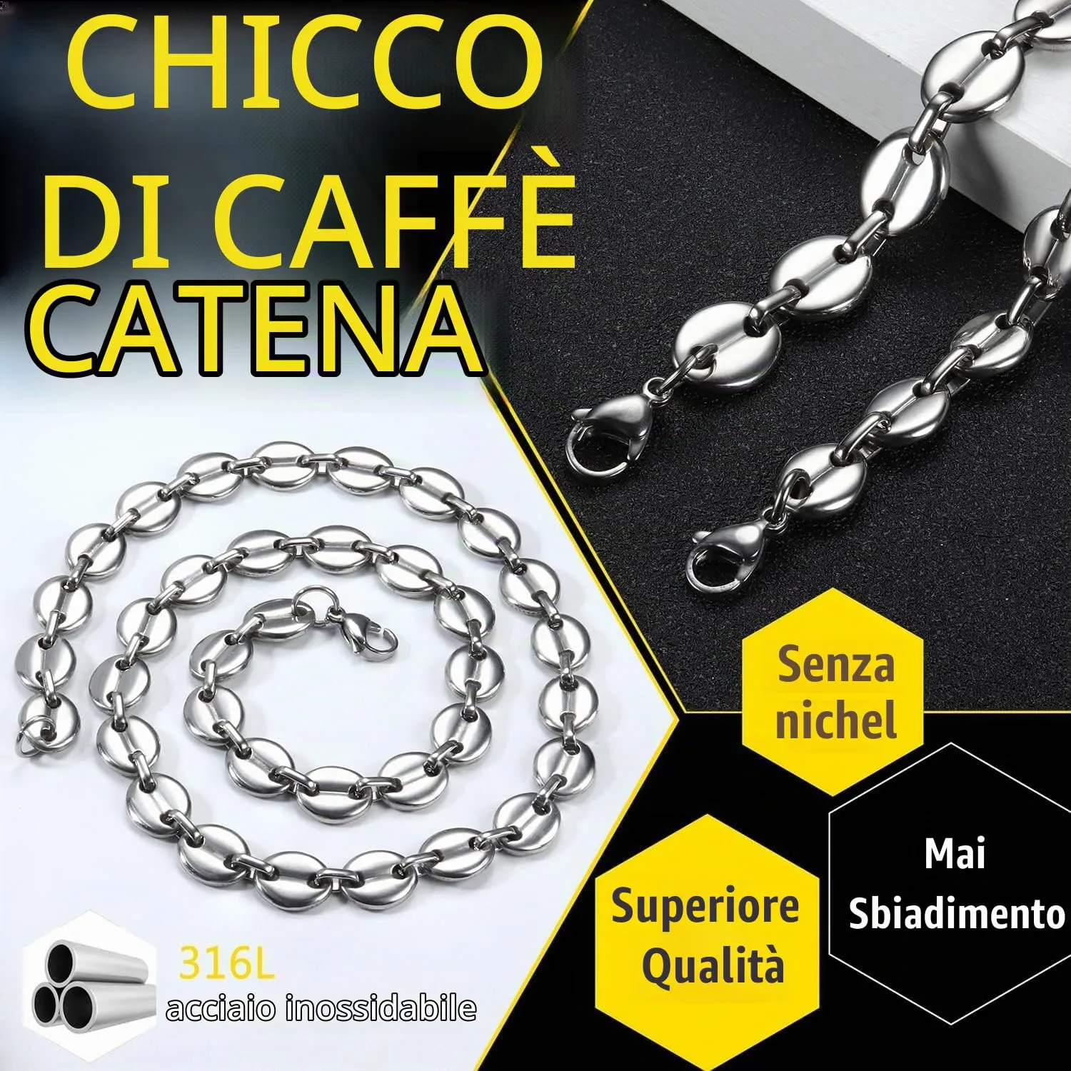 JeweBella Set Collana e Bracciale Chicco di Caffè in Acciaio Inossidabile 7mm, Argento, Lunghezza 56/61cm e Bracciale 21.5cm - immagine 3