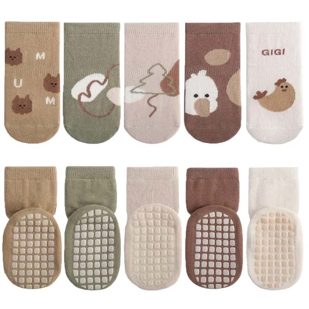 FedMois Calzini Antiscivolo in Cotone per Bambini, Motivi Animali Pulcino, 5 Paia, 3-5 Anni - immagine 1
