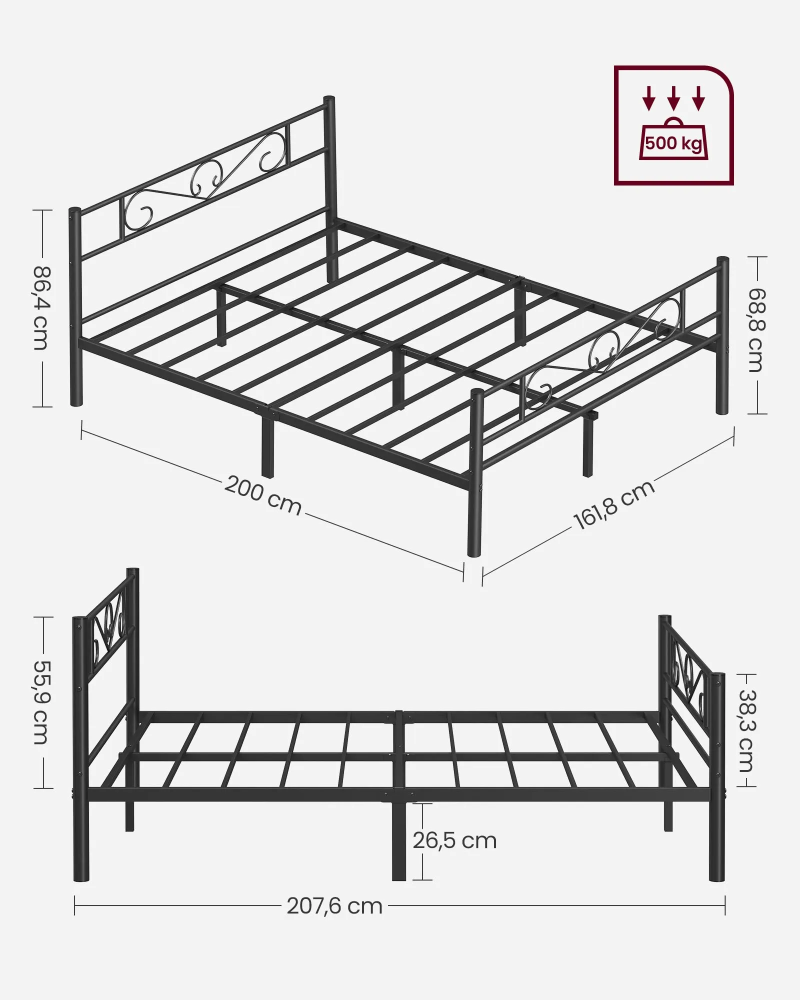 VASAGLE Struttura Letto Singolo in Metallo, 200 x 160 cm, Nero Inchiostro RMB065B01 - immagine 5