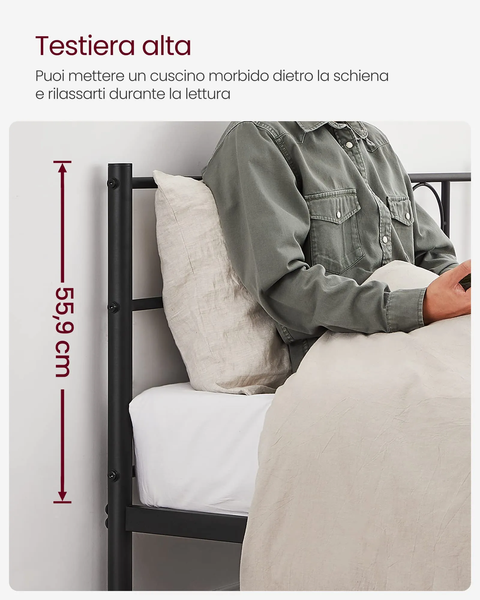 VASAGLE Struttura Letto Singolo in Metallo, 200 x 160 cm, Nero Inchiostro RMB065B01 - immagine 6