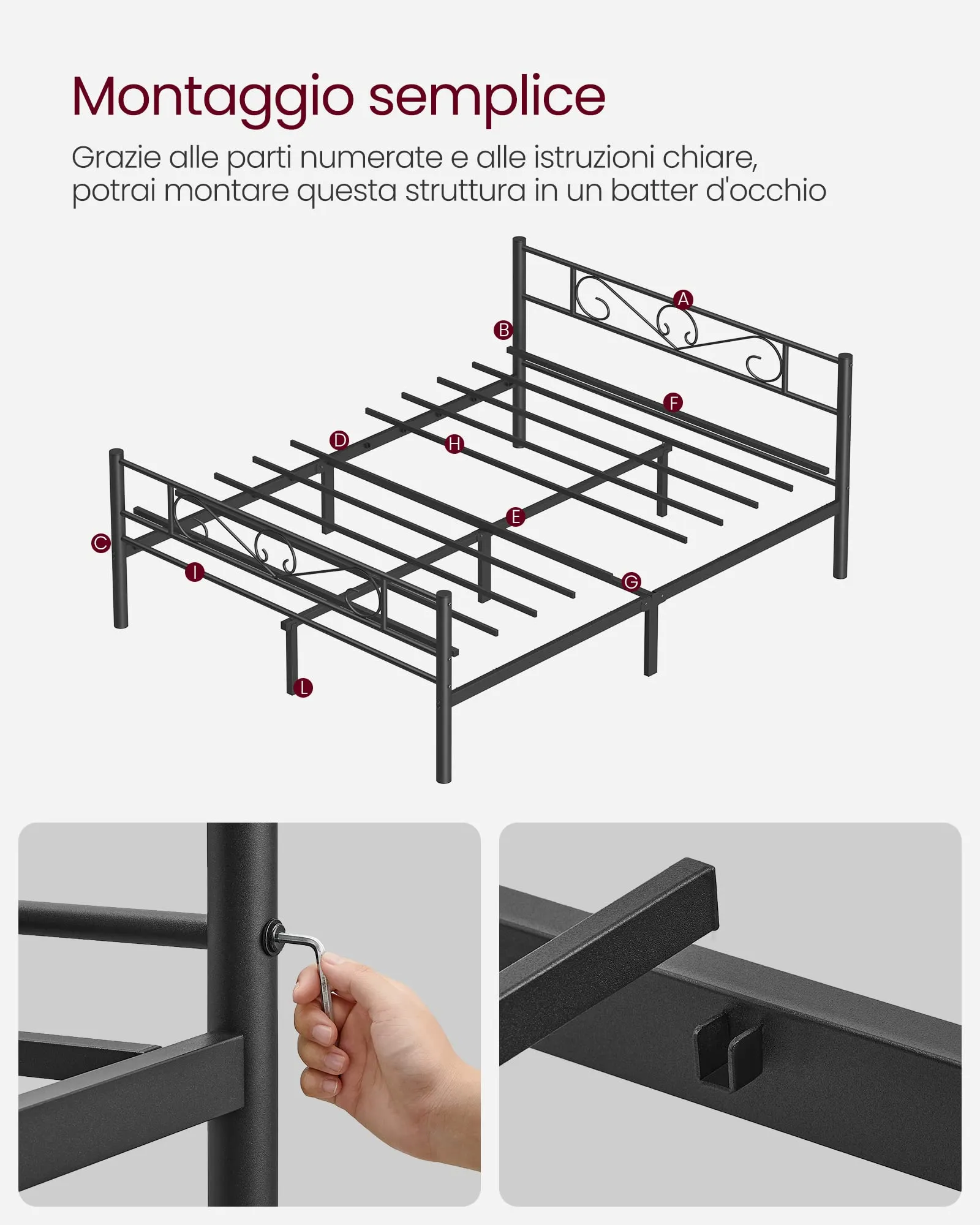 VASAGLE Struttura Letto Singolo in Metallo, 200 x 160 cm, Nero Inchiostro RMB065B01 - immagine 8