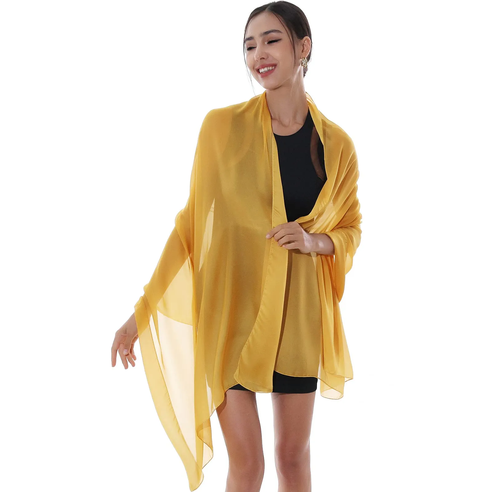 RIIQIICHY Foulard Sciarpa in Seta per Donna Pashmina Leggera Stola Scialle Giallo - immagine 3