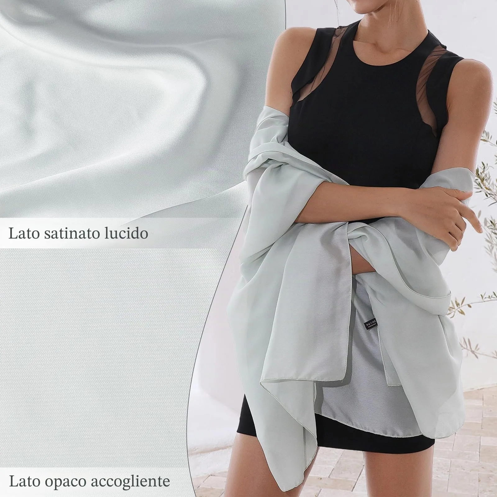 RIIQIICHY Sciarpa in Seta per Donna, Stola Pashmina Leggera Verde Pallido per Cerimonia e Abito da Sera - immagine 5