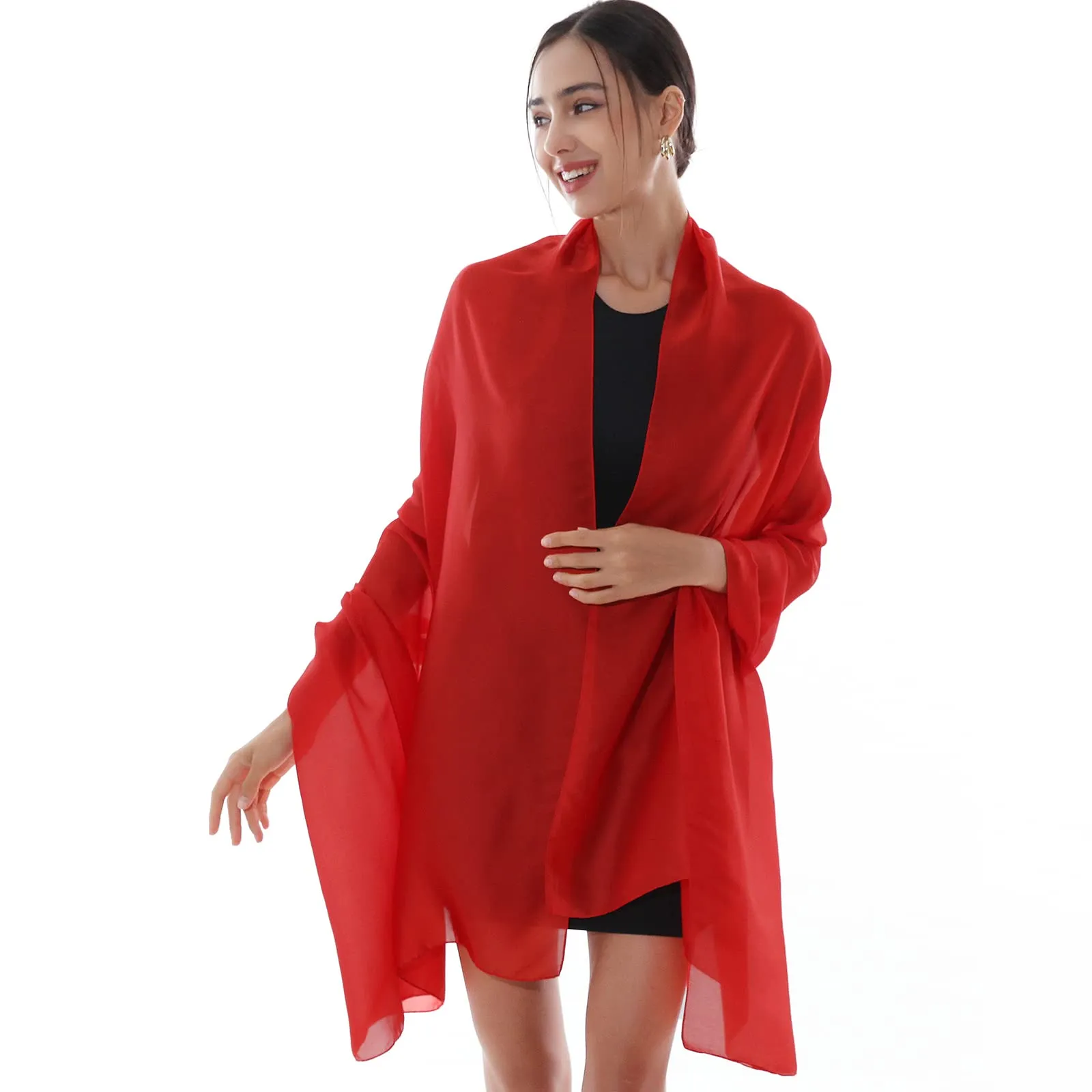 RIIQIICHY Foulard Sciarpa in Seta per Donna, Rosso, Pashmina Leggera Stola Scialle per Cerimonia e Abito da Sera - immagine 1