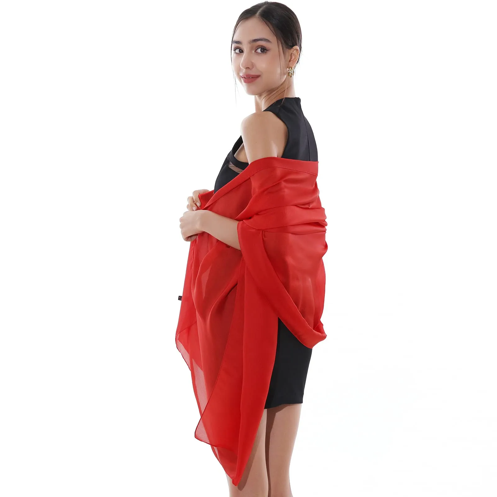 RIIQIICHY Foulard Sciarpa in Seta per Donna, Rosso, Pashmina Leggera Stola Scialle per Cerimonia e Abito da Sera - immagine 2