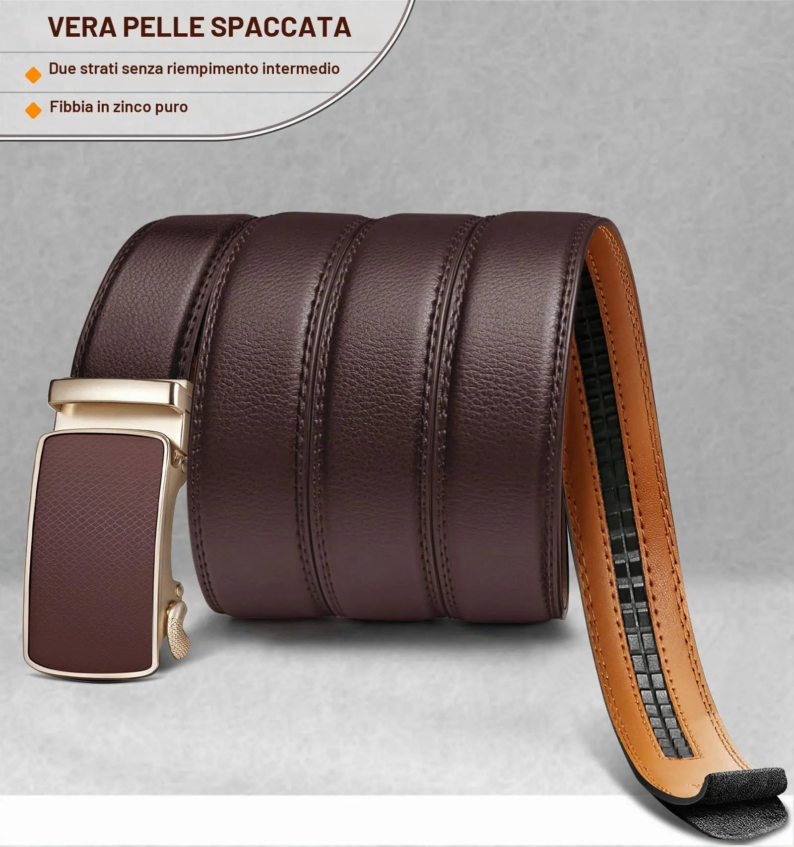 BULLIANT Cintura Uomo in Pelle con Fibbia Automatica a Cricchetto, 35mm, Marrone Chiaro, 120cm - immagine 3