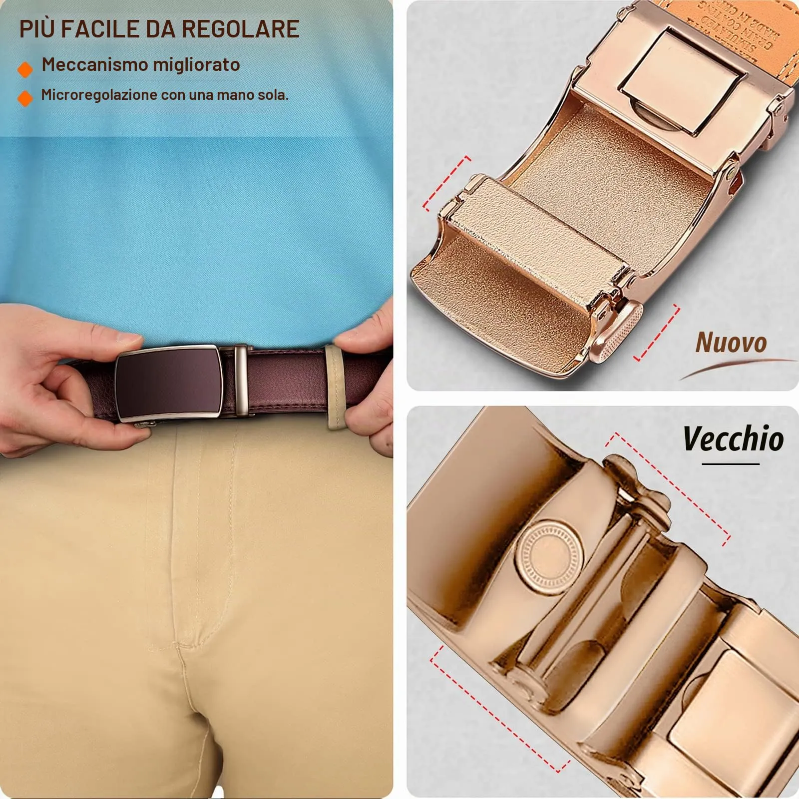BULLIANT Cintura Uomo in Pelle con Fibbia Automatica a Cricchetto, 35mm, Marrone Chiaro, 120cm - immagine 5