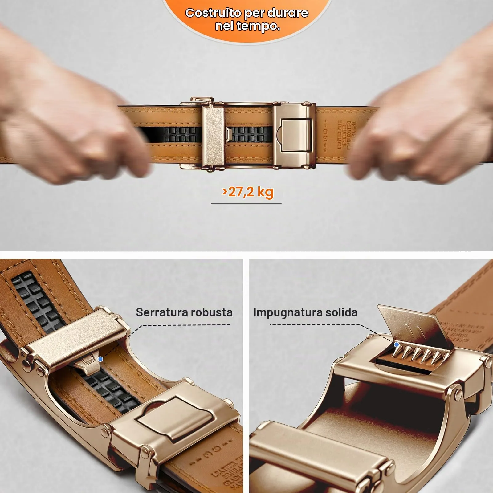 BULLIANT Cintura Uomo in Pelle con Fibbia Automatica a Cricchetto, 35mm, Marrone Chiaro, 120cm - immagine 6