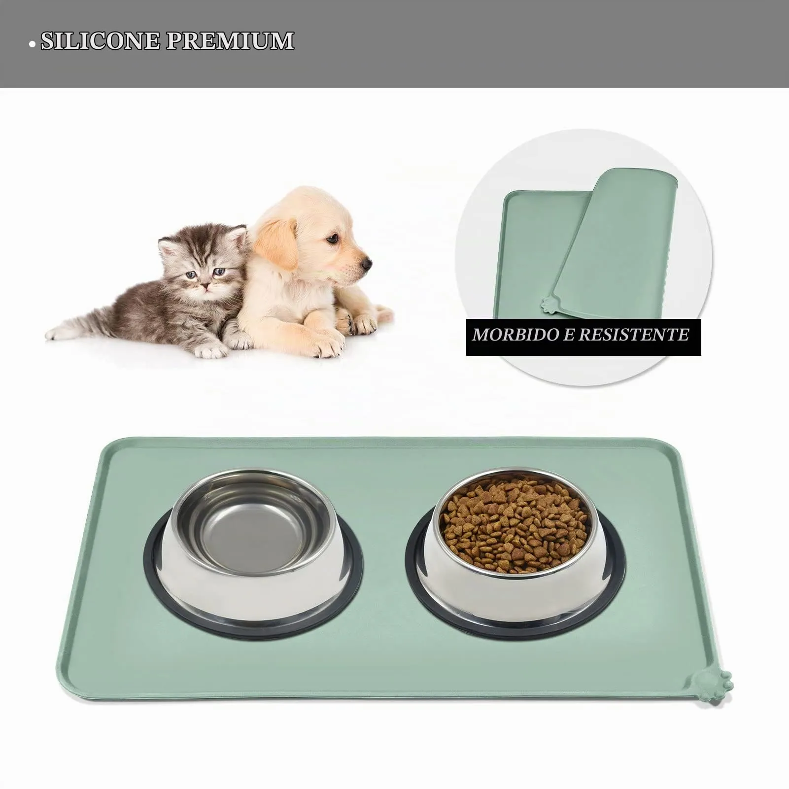 Reopet Tappetino in Silicone per Cibo e Acqua per Animali Domestici, Impermeabile con Bordi Rialzati, 47 x 30 cm, Arancio corallo - immagine 3