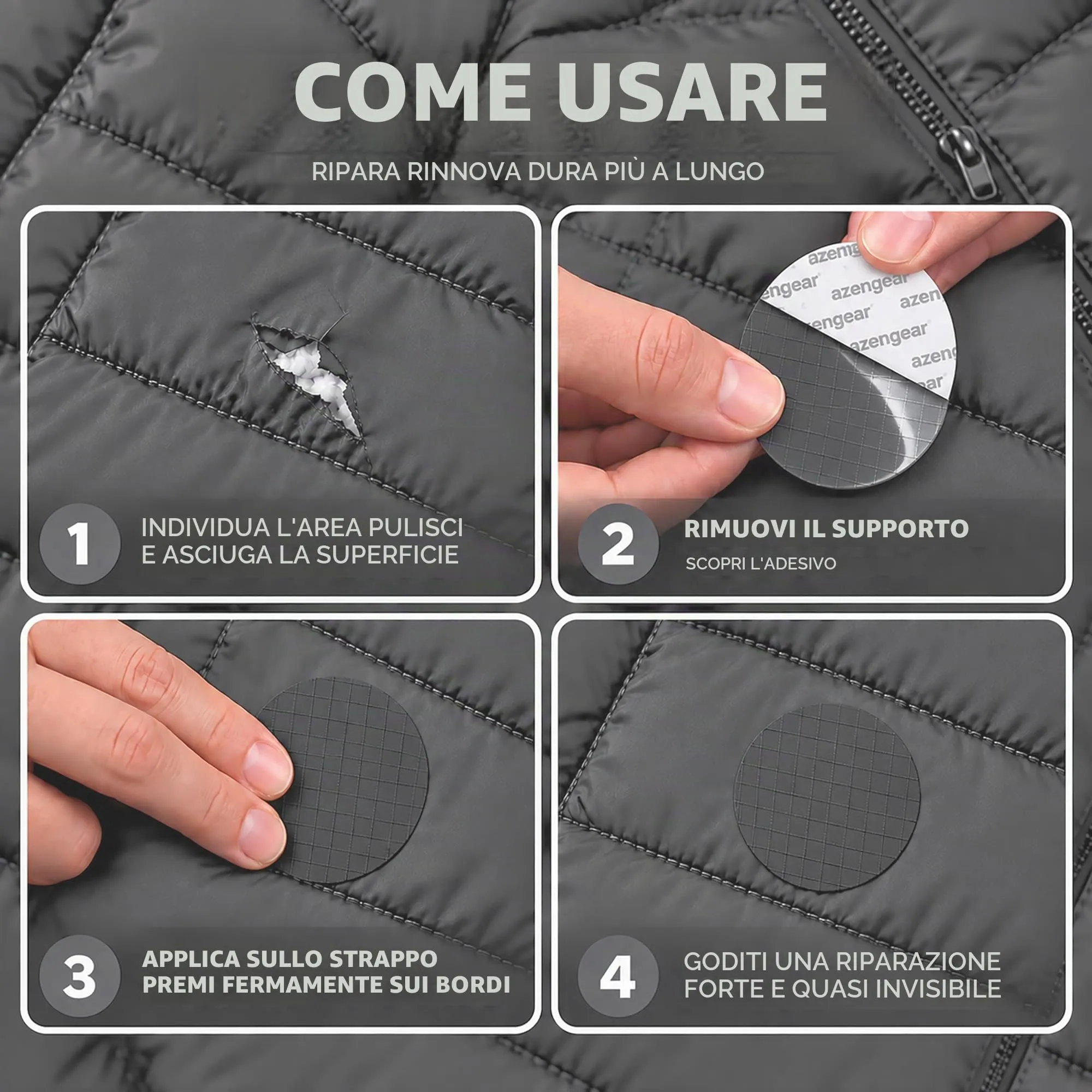 aZengear Toppe di riparazione autoadesive in nylon per piumini e sacchi a pelo, 11 pezzi, Grigio scuro - immagine 2