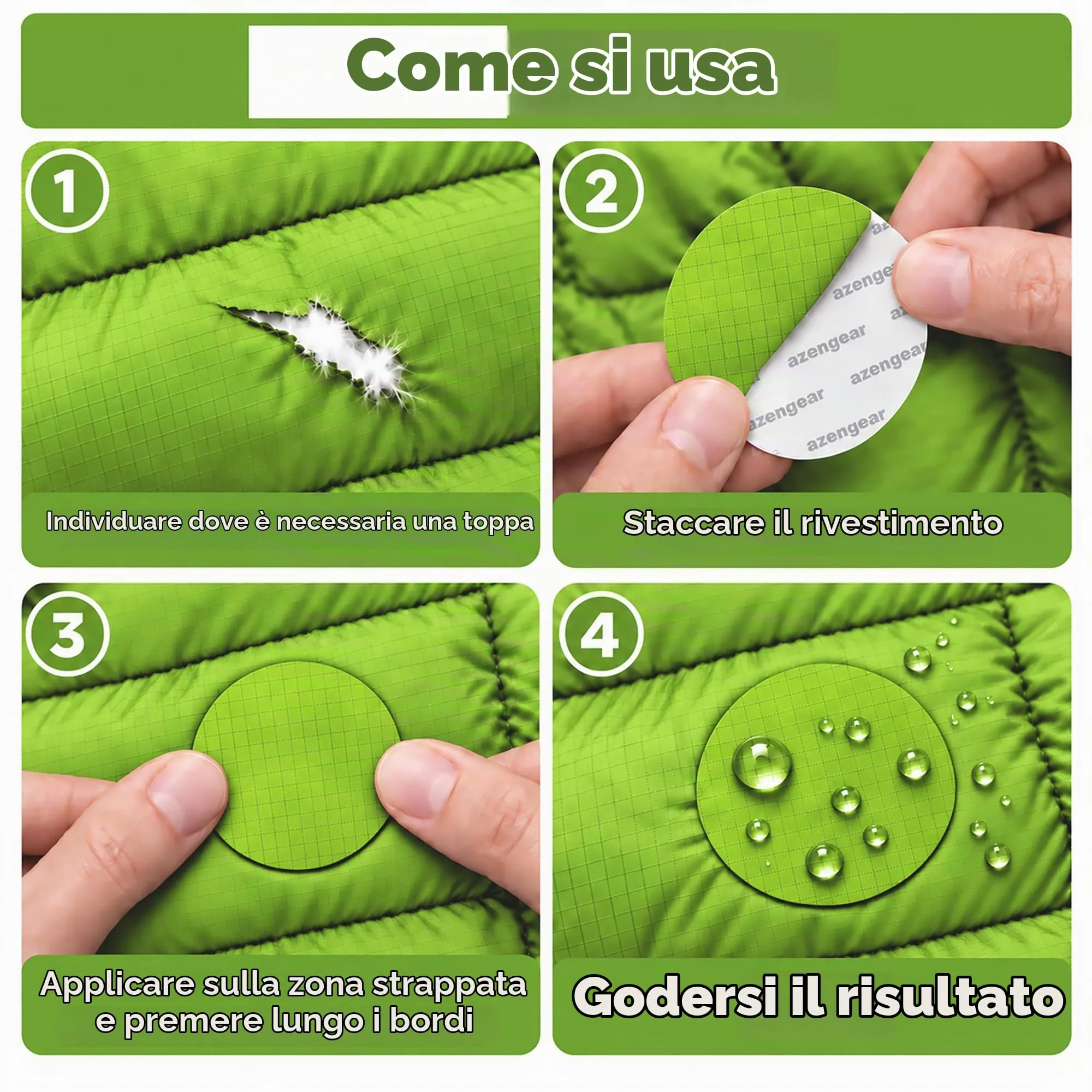 aZengear Toppe di Riparazione Autoadesive in Nylon Impermeabili per Piumini e Sacchi a pelo, 11 Pezzi, Verde - immagine 2