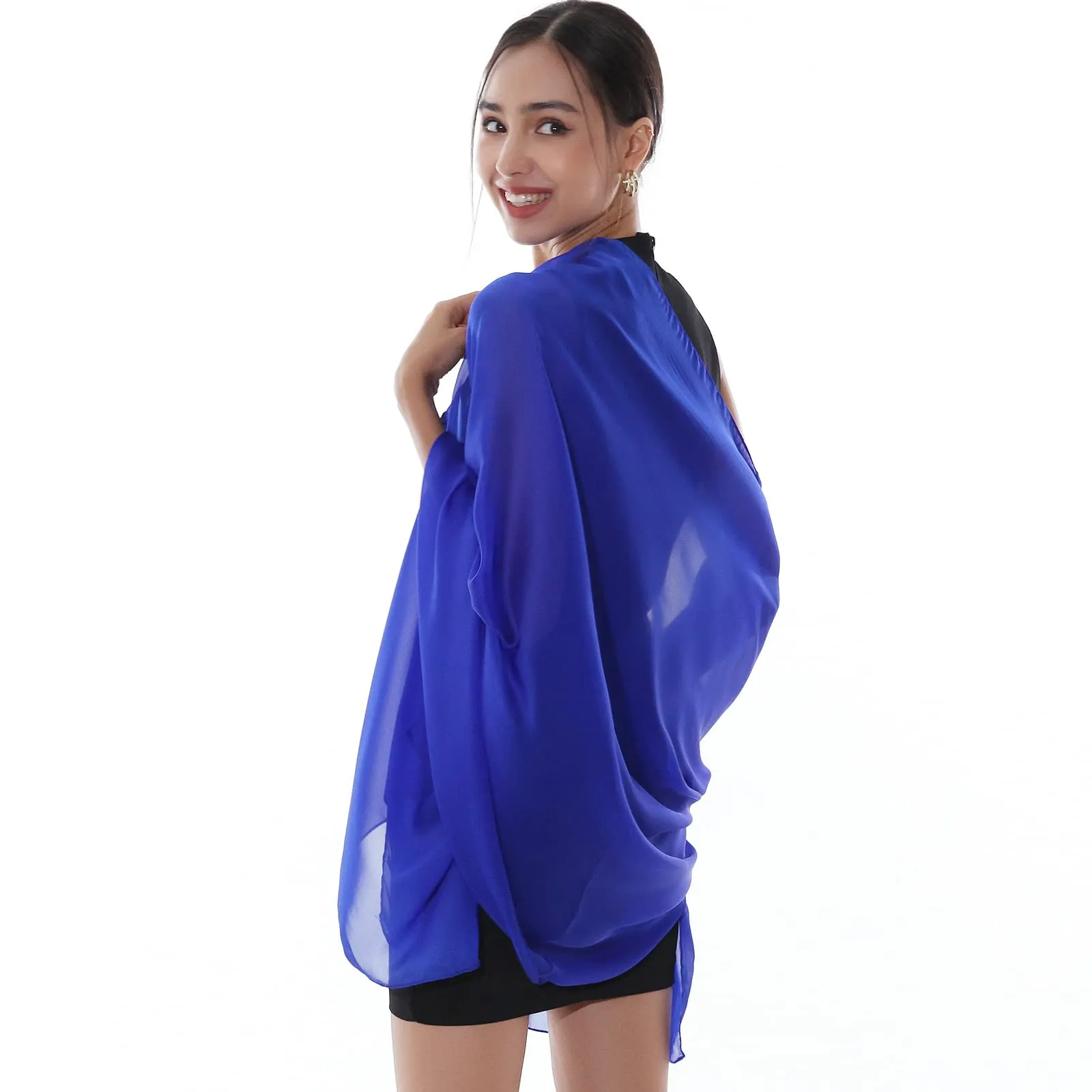 RIIQIICHY Foulard Sciarpa Seta Donna Pashmina Blu Leggera Stola Scialle per Cerimonia e Abito da Sera - immagine 4