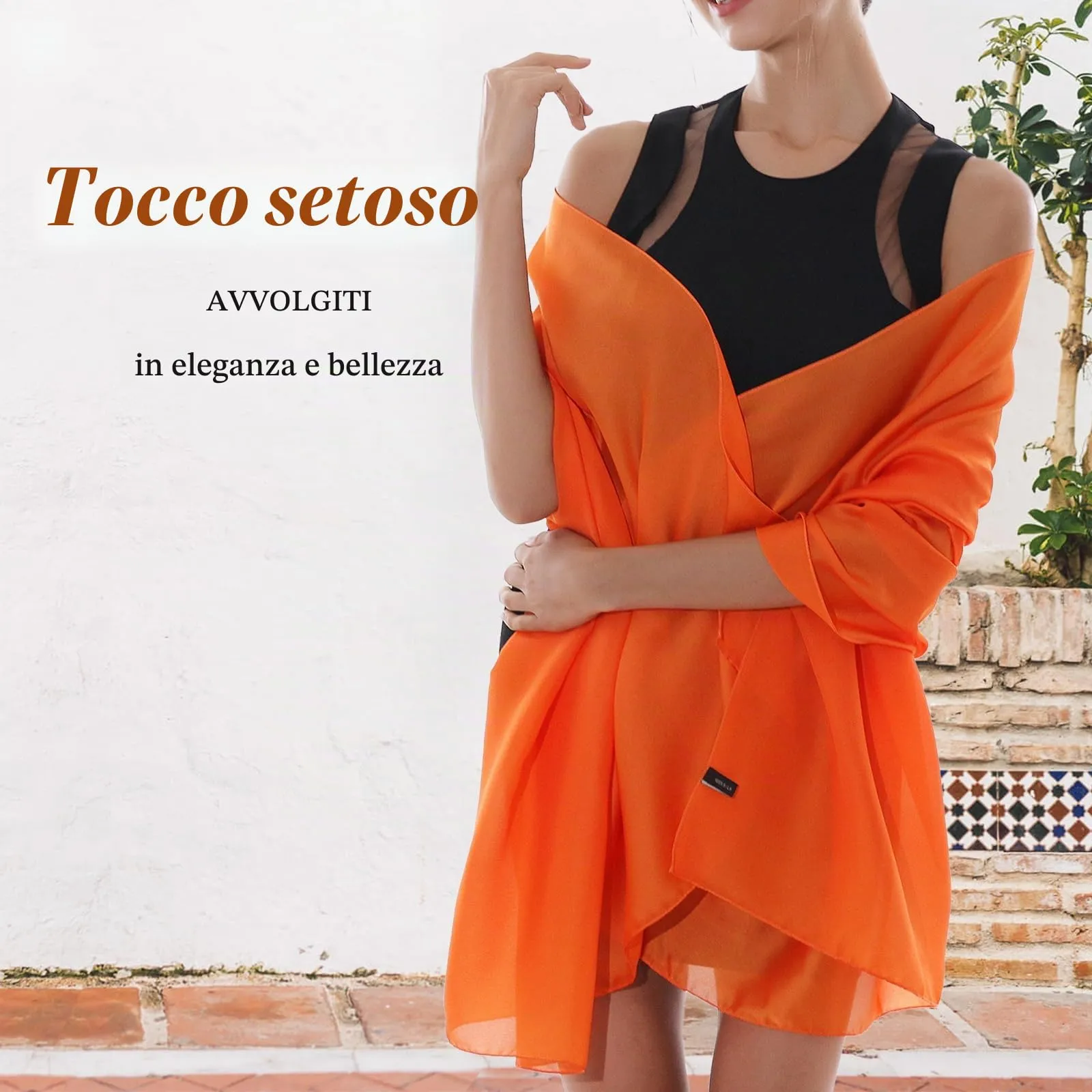 RIIQIICHY Stola in Seta per Donna, Pashmina Leggera Arancione per Cerimonia e Abito da Sera - immagine 4