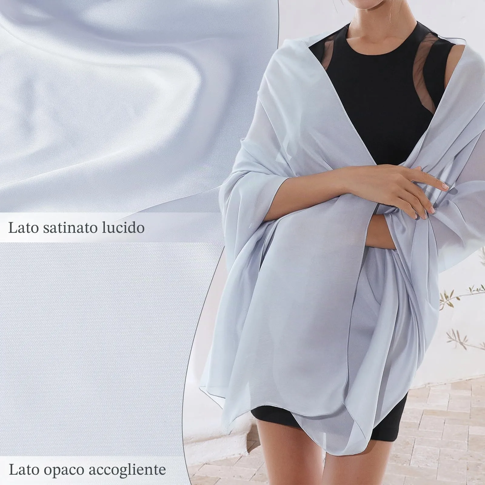 RIIQIICHY Sciarpa in Seta Donna Pashmina Blu Pallido 180×90 cm - immagine 4