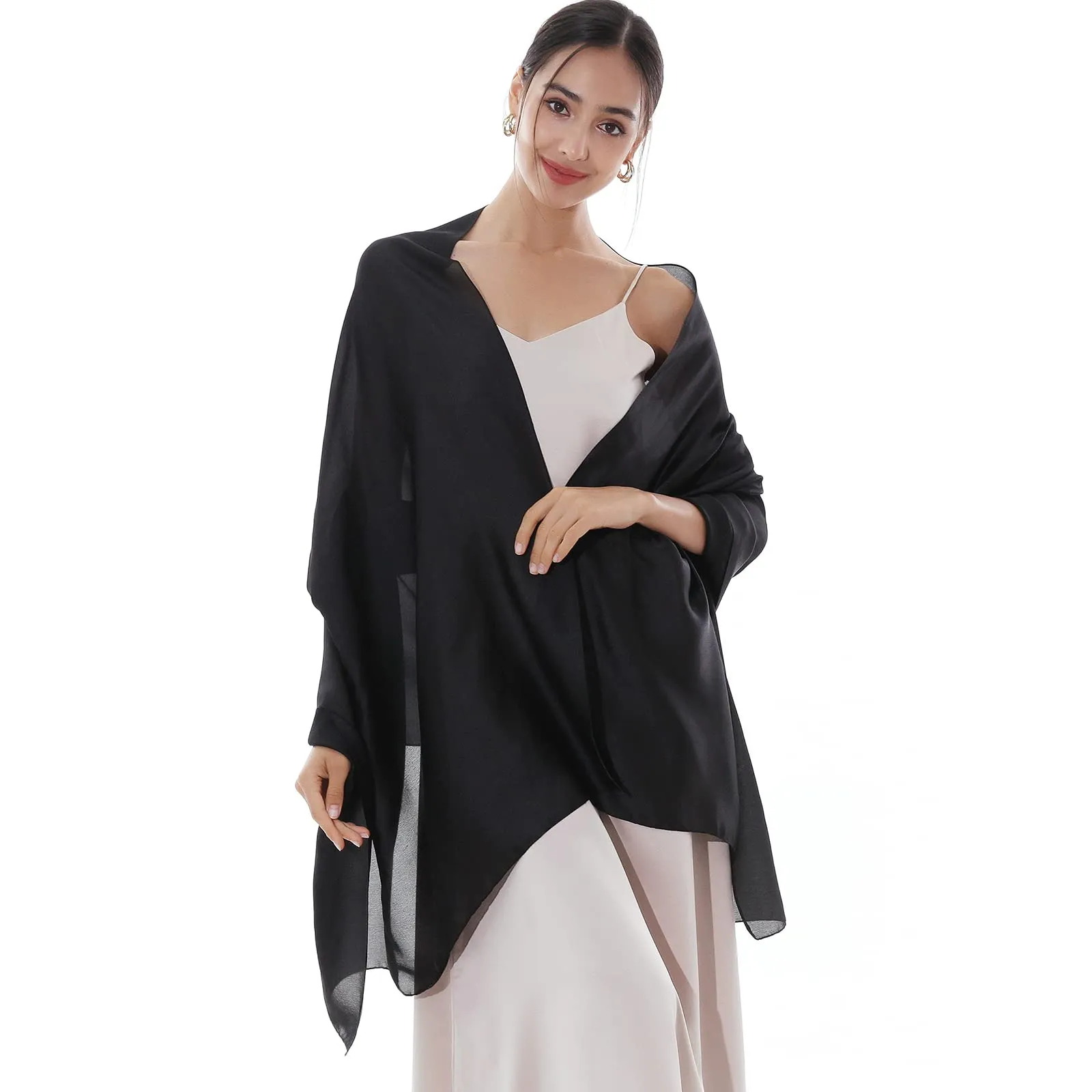 RIIQIICHY Sciarpa in Seta Nero Donna Pashmina Leggera Stola per Cerimonia e Abito da Sera - immagine 1