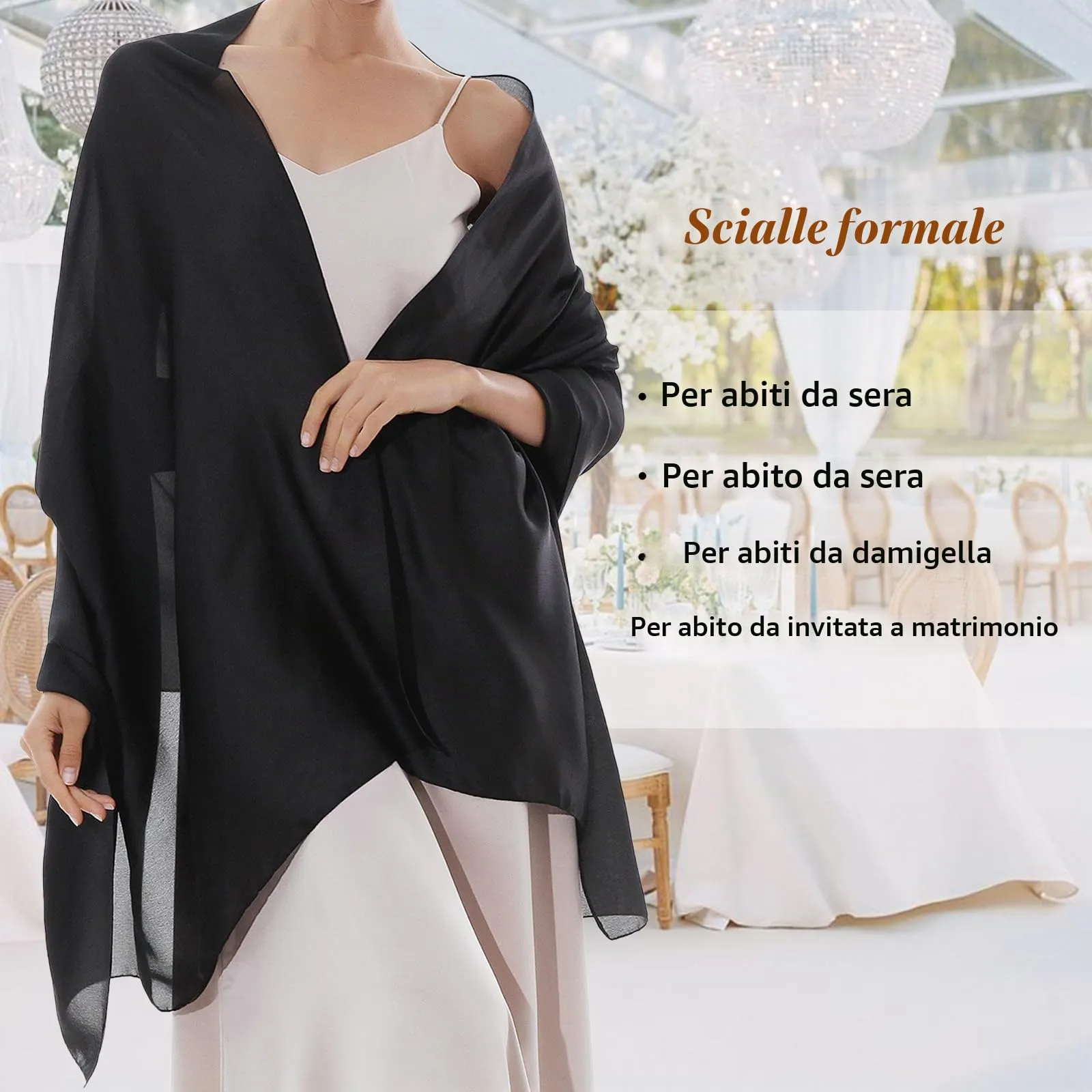 RIIQIICHY Sciarpa in Seta Nero Donna Pashmina Leggera Stola per Cerimonia e Abito da Sera - immagine 2