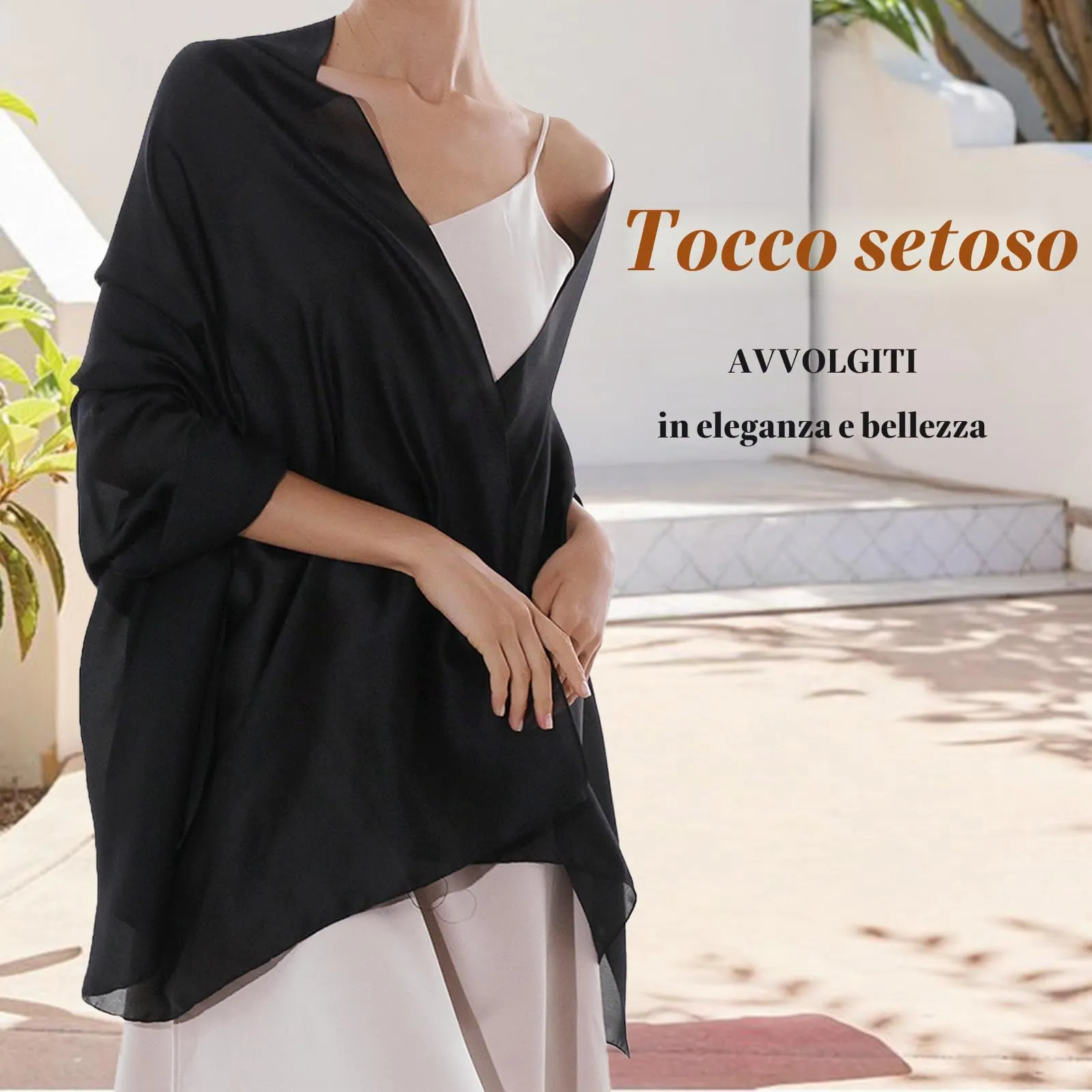 RIIQIICHY Sciarpa in Seta Nero Donna Pashmina Leggera Stola per Cerimonia e Abito da Sera - immagine 3