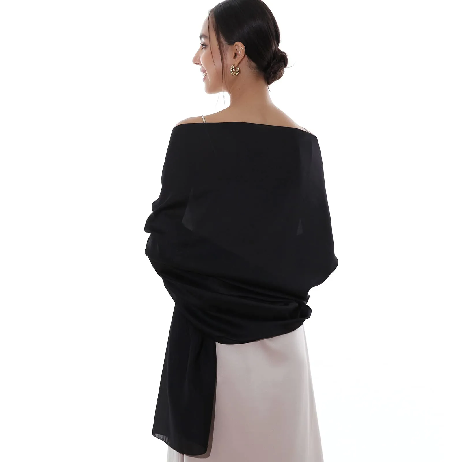 RIIQIICHY Sciarpa in Seta Nero Donna Pashmina Leggera Stola per Cerimonia e Abito da Sera - immagine 5