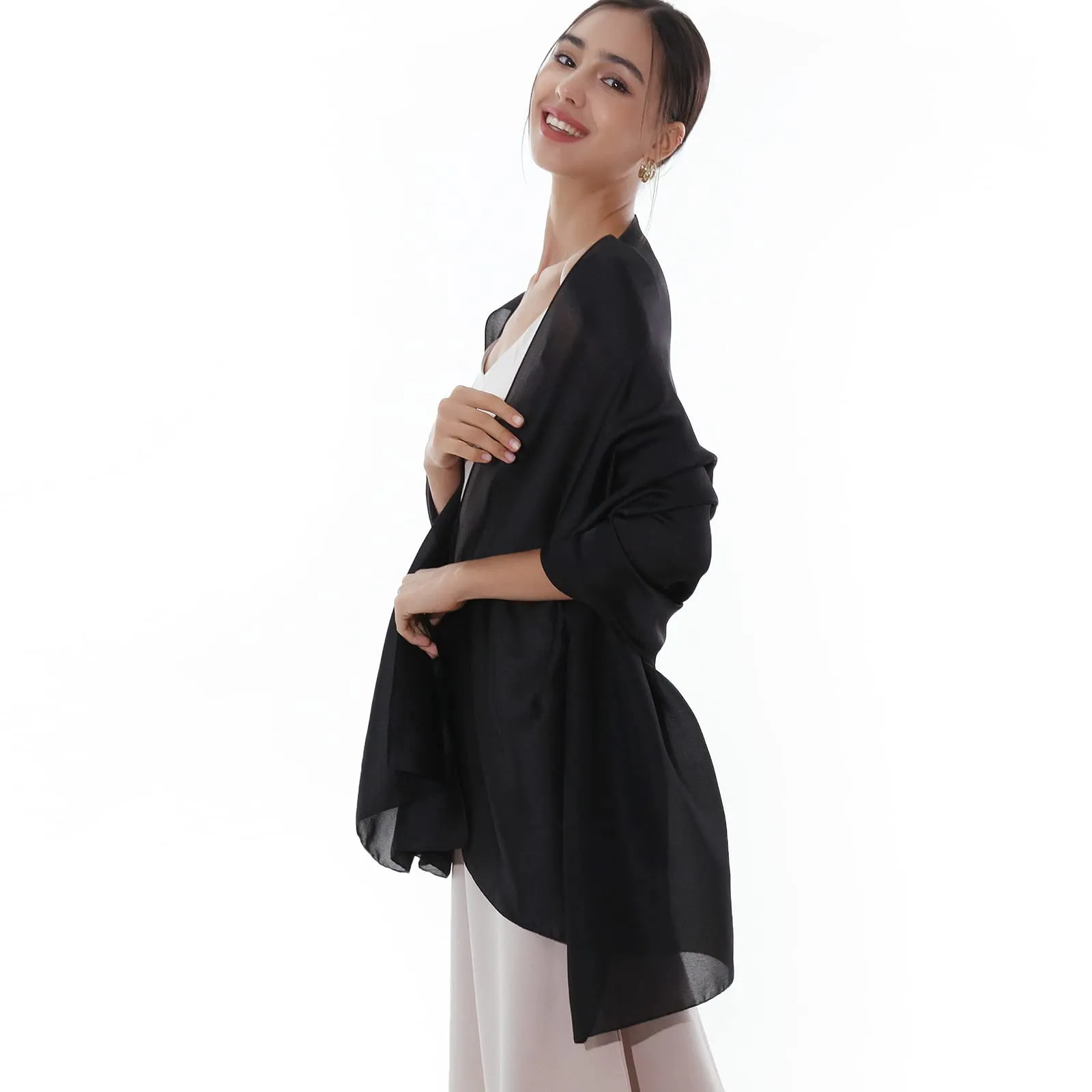 RIIQIICHY Sciarpa in Seta Nero Donna Pashmina Leggera Stola per Cerimonia e Abito da Sera - immagine 6
