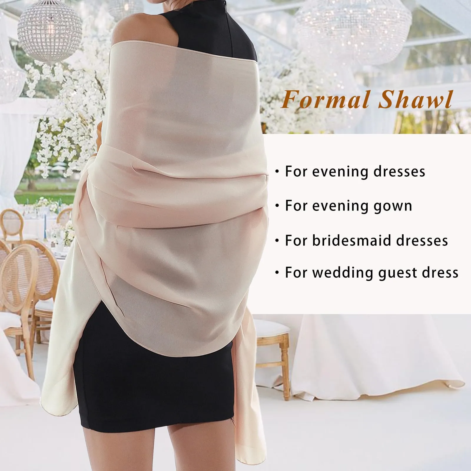 RIIQIICHY Foulard Sciarpa in Seta per Donna, Beige, Pashmina Leggera Stola per Cerimonia e Abito da Sera - immagine 2