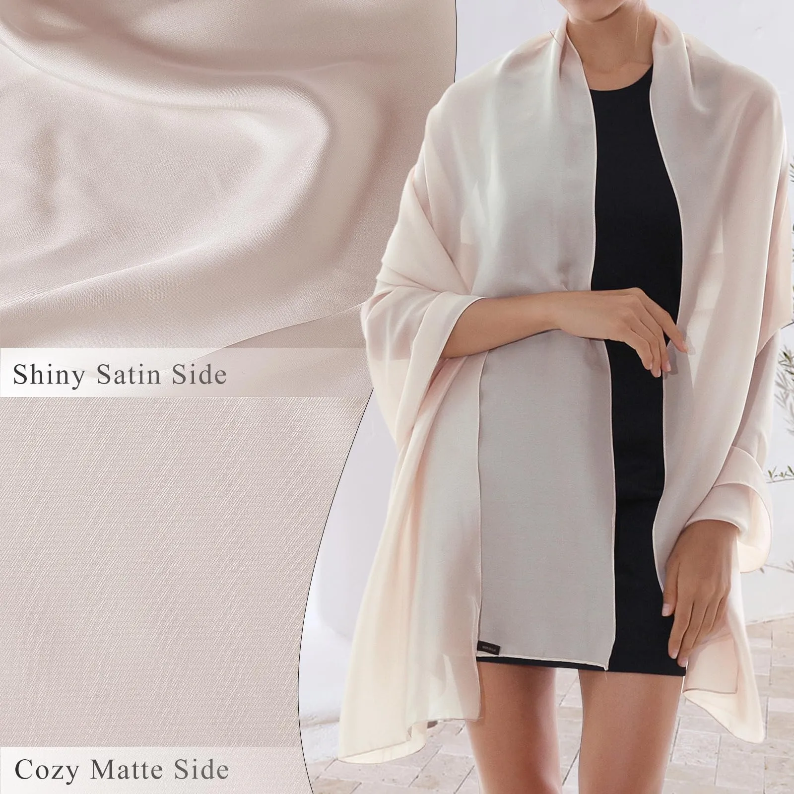 RIIQIICHY Foulard Sciarpa in Seta per Donna, Beige, Pashmina Leggera Stola per Cerimonia e Abito da Sera - immagine 5