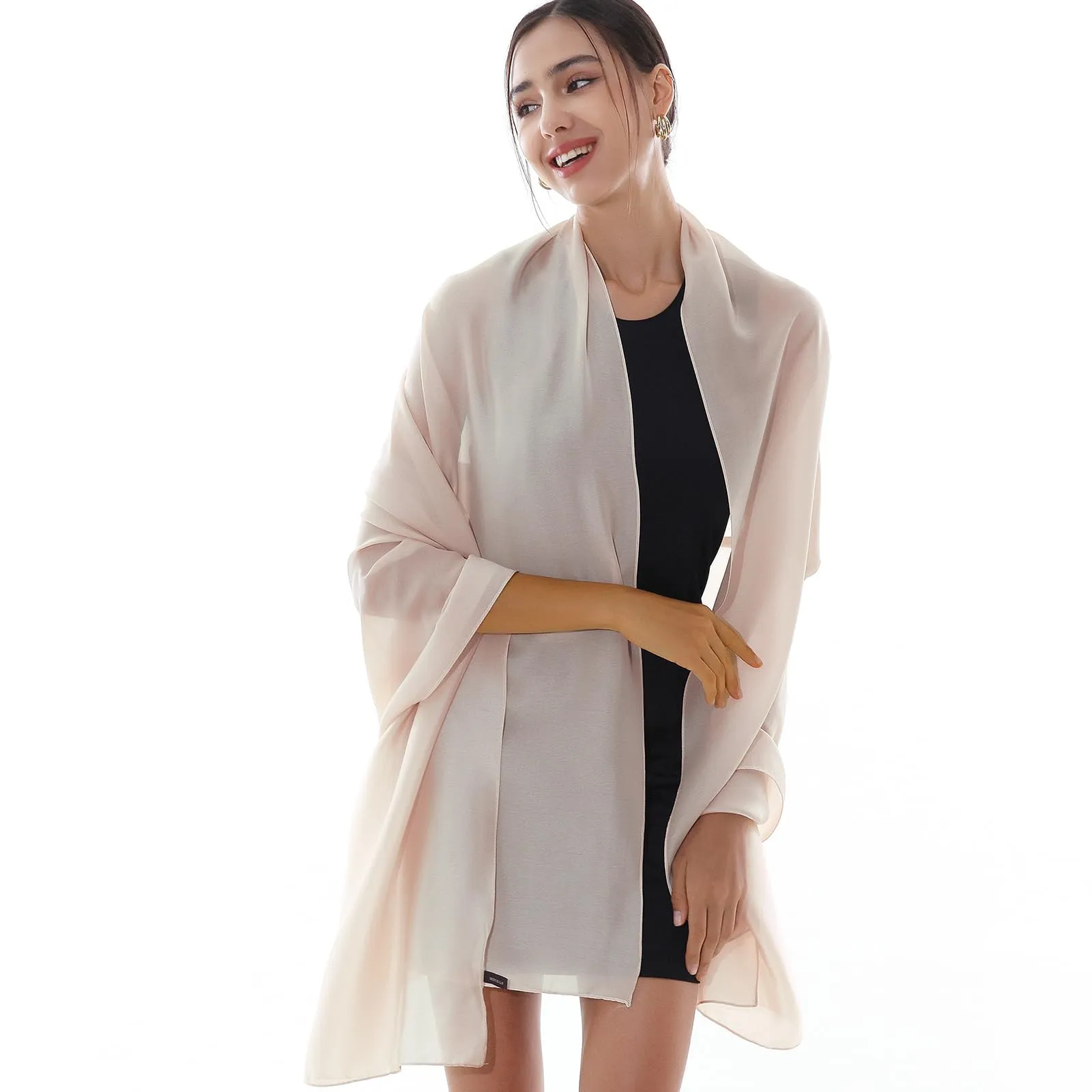 RIIQIICHY Foulard Sciarpa in Seta per Donna, Beige, Pashmina Leggera Stola per Cerimonia e Abito da Sera - immagine 6