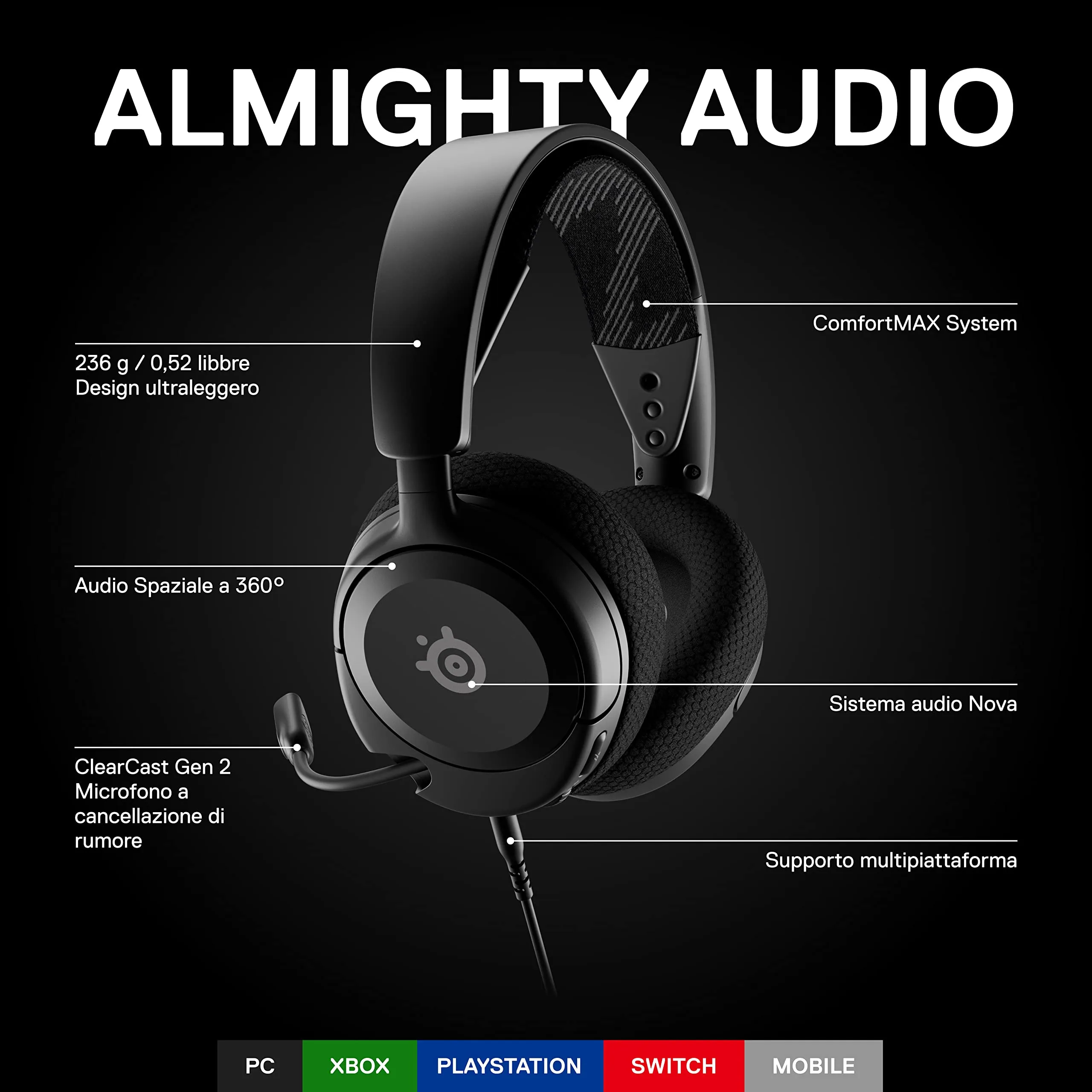 SteelSeries Arctis Nova 1 Cuffie da gaming PC, PS5, PS4, Switch, Xbox - Nero - immagine 3