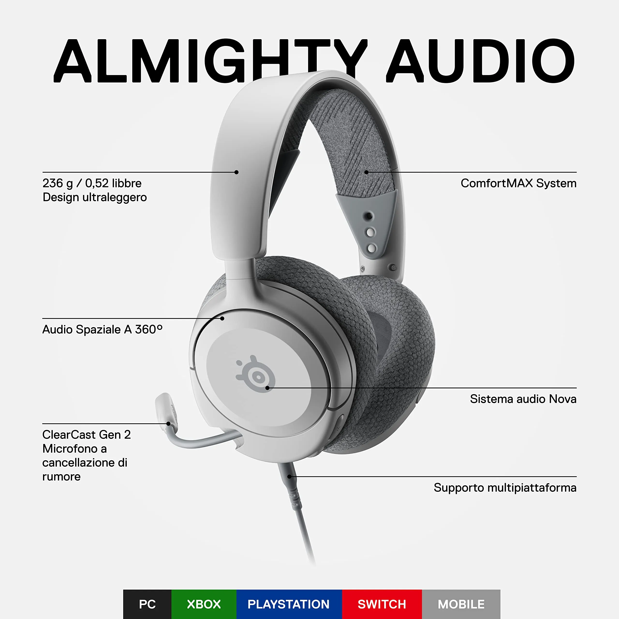 SteelSeries Arctis Nova 1 Cuffie da Gaming Multisistema - Bianco - immagine 3