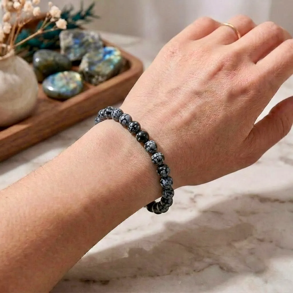 Alchimia Bracciale Elastico Unisex in Ossidiana Fiocco di Neve, Pietre Naturali 6 mm - immagine 2