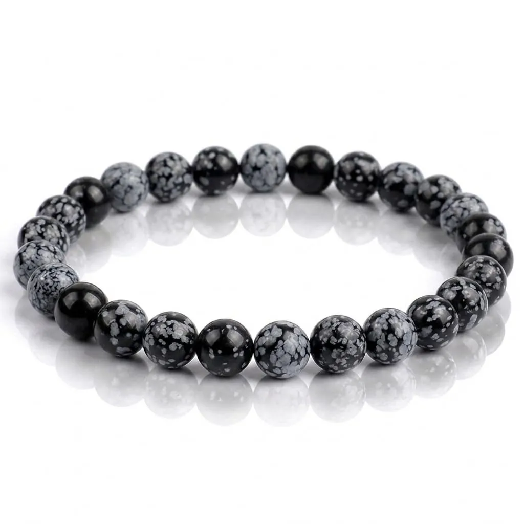 Alchimia Bracciale Elastico Unisex in Ossidiana Fiocco di Neve, Pietre Naturali 6 mm - immagine 5