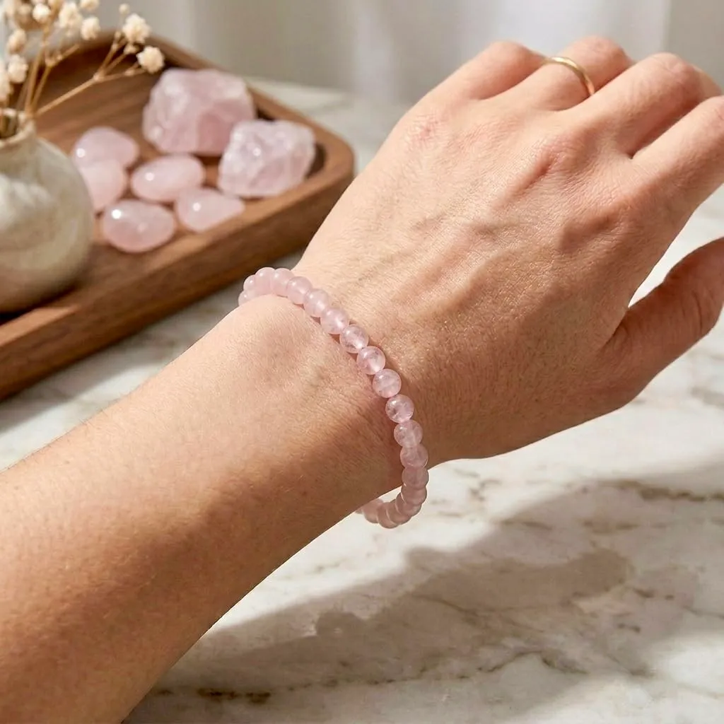 Alchimia Bracciale Elastico in Quarzo Rosa, Pietre Naturali 6 mm - immagine 3