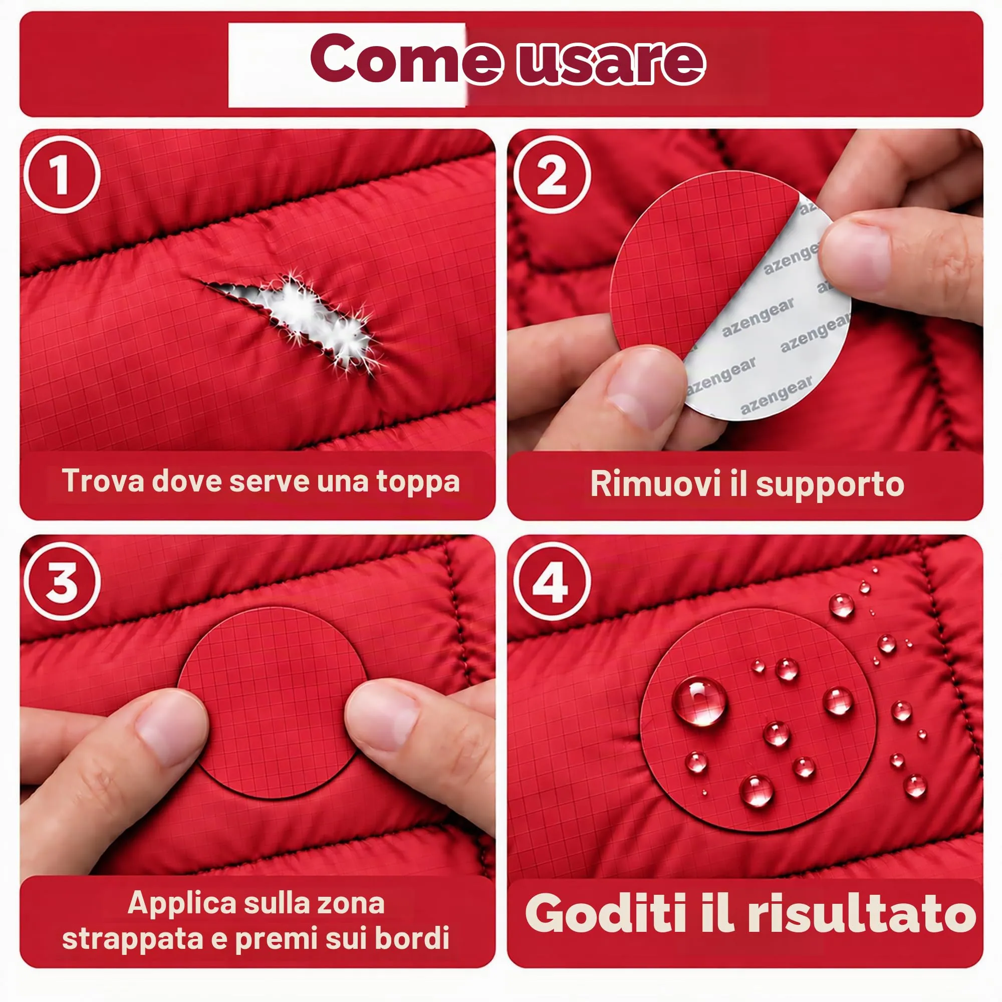 aZengear Toppe di Riparazione per Piumini, Autoadesive, Nylon Impermeabile, 11 Pezzi, Rossa - immagine 2