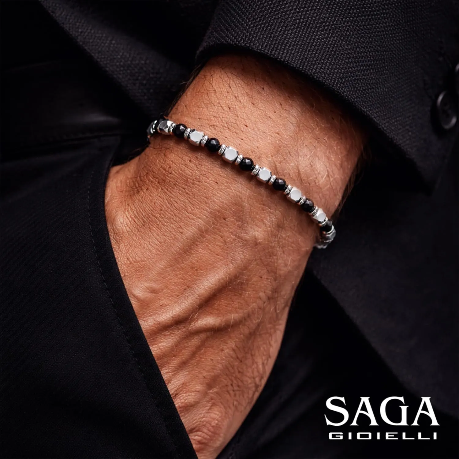 Saga Gioielli Bracciale Uomo Donna in Onice Nero e Acciaio (Nero) - immagine 3