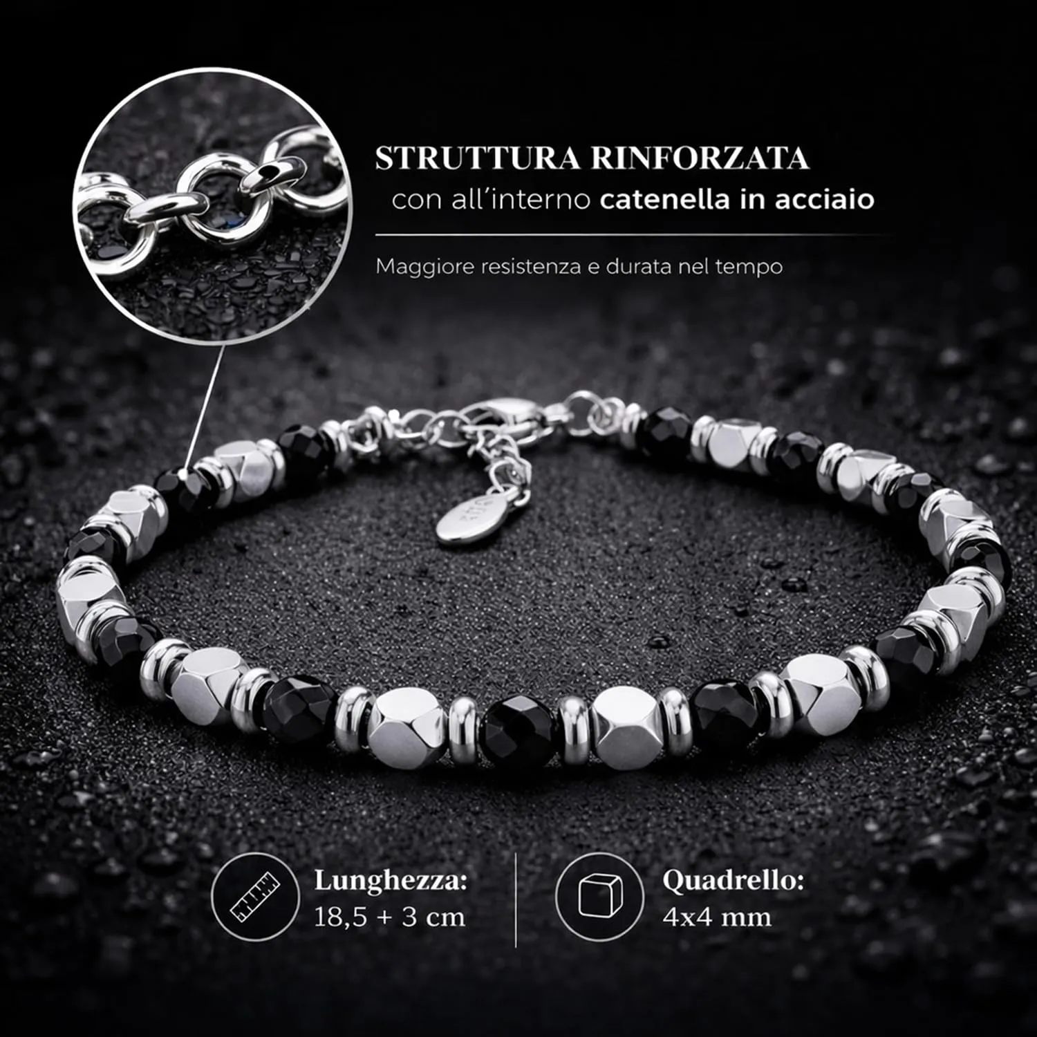 Saga Gioielli Bracciale Uomo Donna in Onice Nero e Acciaio (Nero) - immagine 4