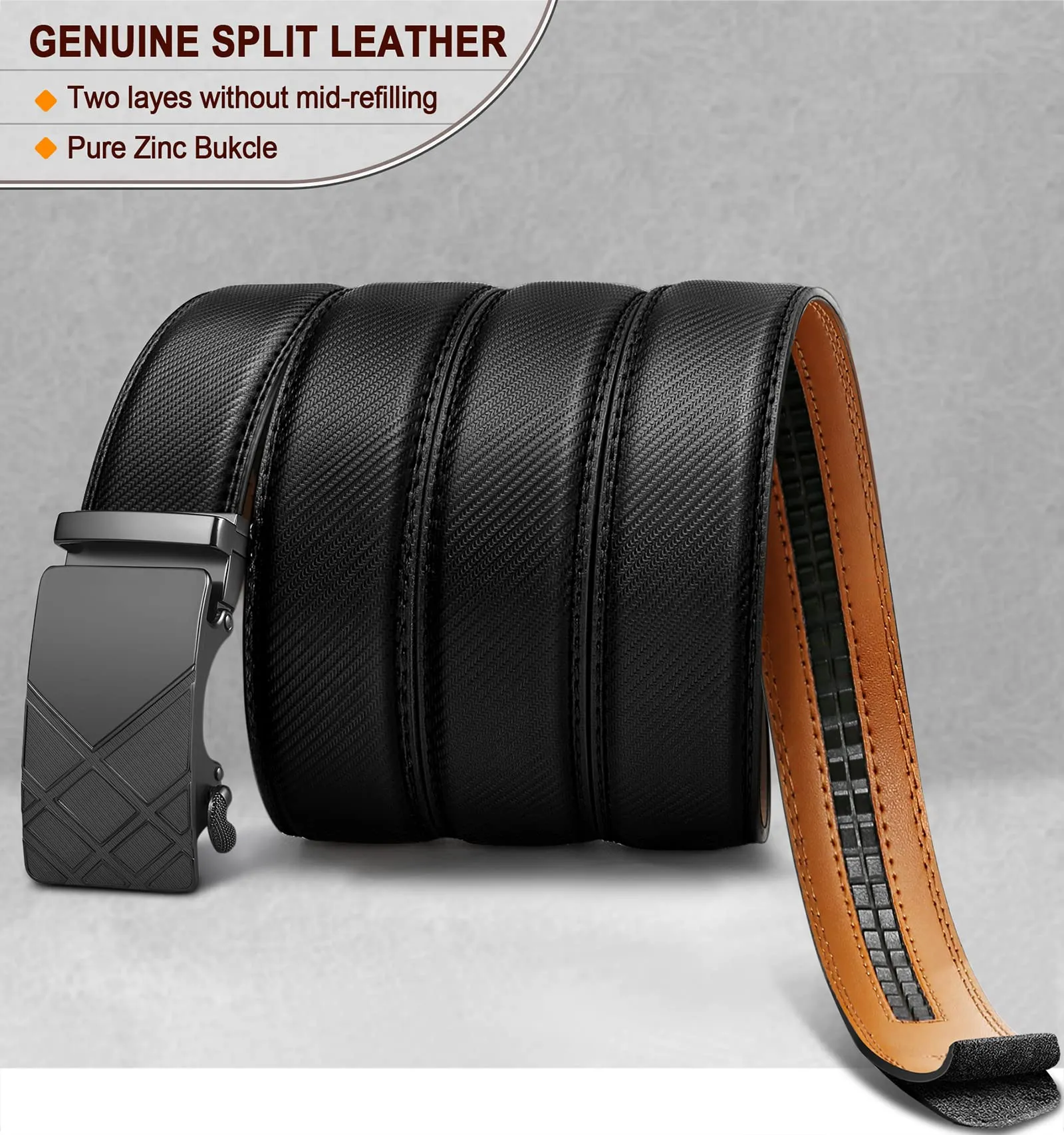 BULLIANT Cintura Uomo in Pelle con Fibbia Automatica a Cricchetto 35mm, Nero, 120cm - immagine 3