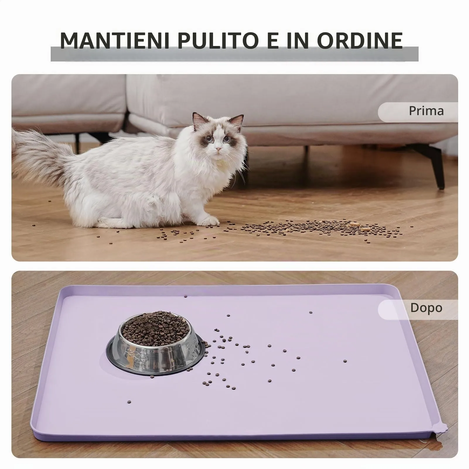 Reopet Tappetino in Silicone per Cibo e Acqua per Animali Domestici, Impermeabile con Bordi Rialzati, 47 x 30 cm, Rosa Viola - immagine 6