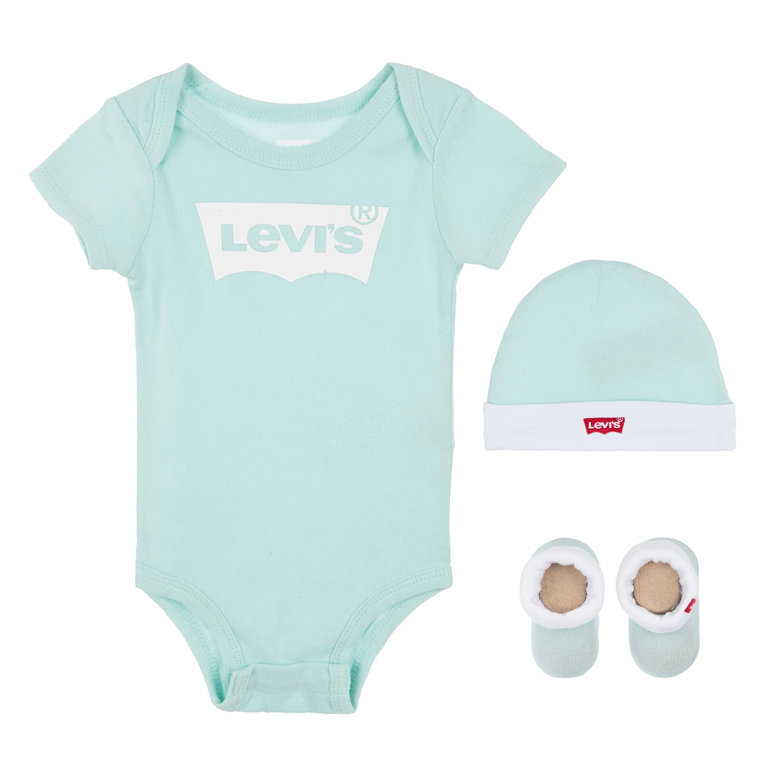 Levi's Classic Batwing Infant Hat Bodysuit Bootie Set 3Pc, Pastel Turquoise, 24 Months - immagine 1
