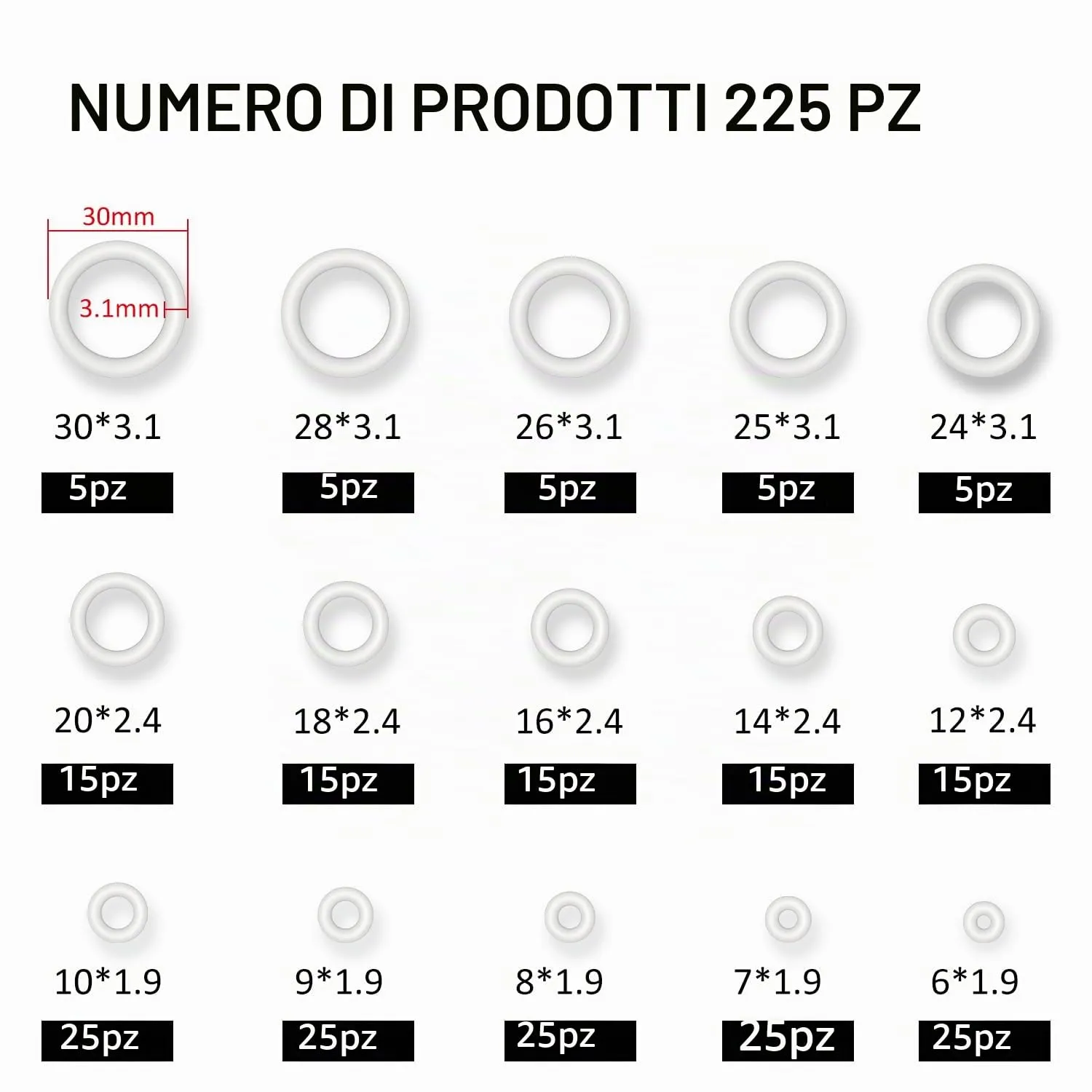 YIXISI Kit Assortimento O-ring in Silicone Bianco, 225 Pezzi 15 Misure - immagine 2