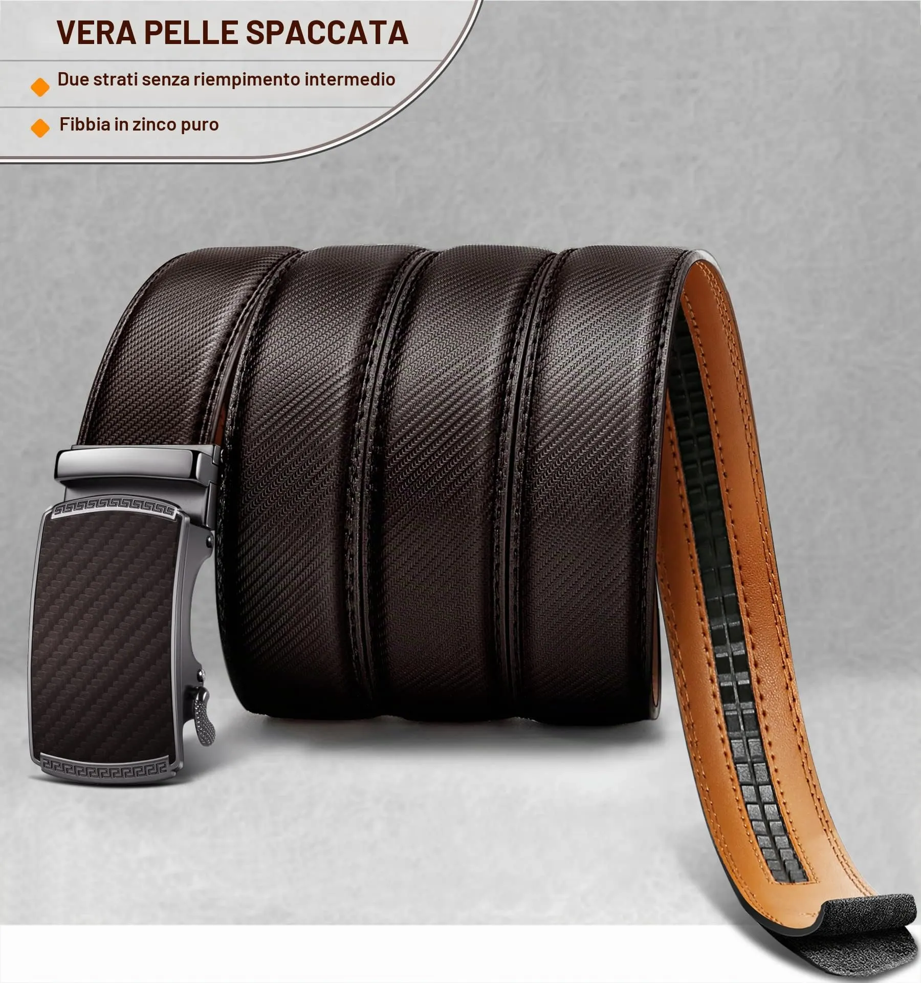BULLIANT Cintura Uomo in Pelle con Fibbia Automatica a Cricchetto 35mm, Marrone Scuro, 115cm - immagine 3