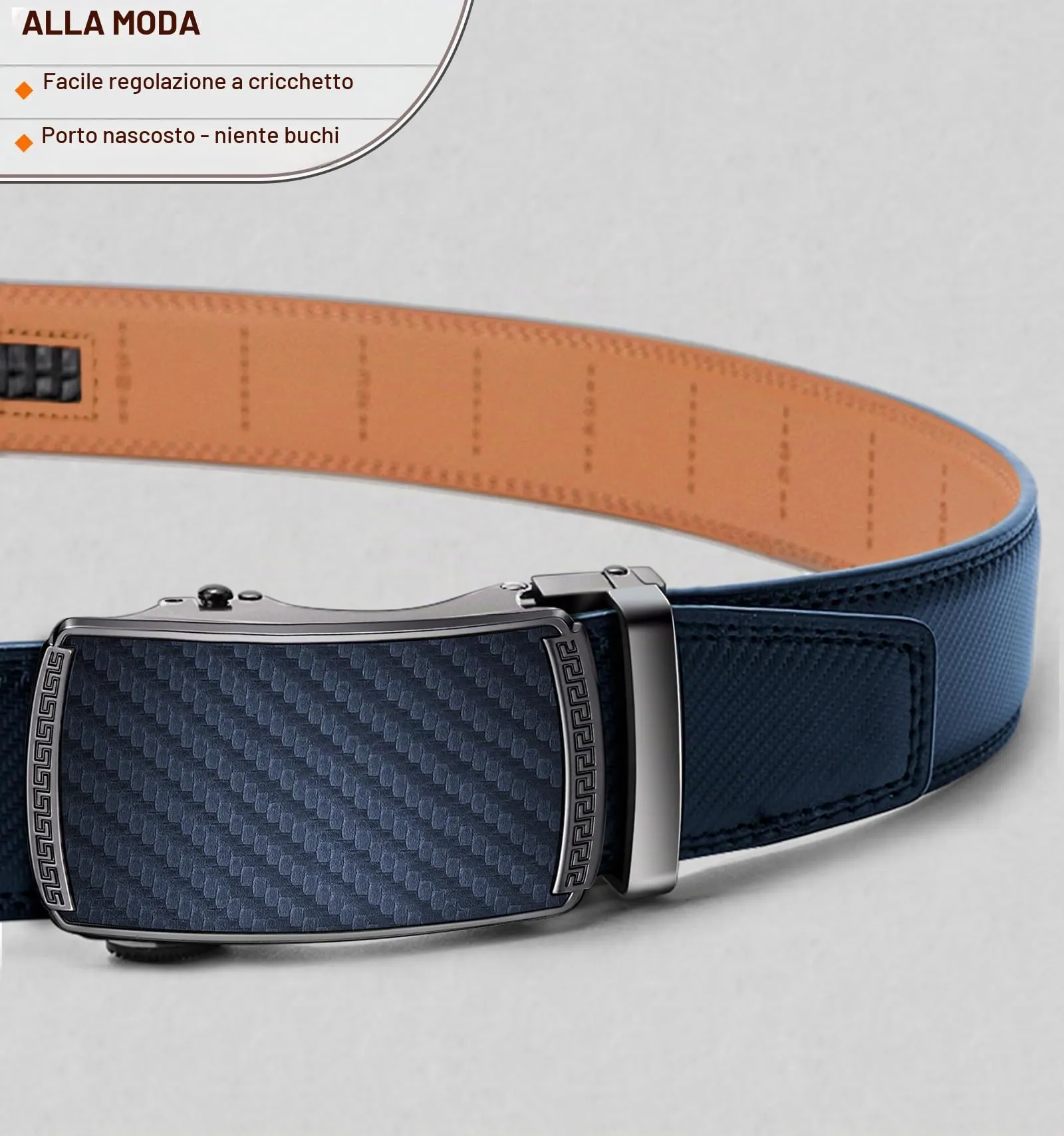 BULLIANT Cintura Uomo in Pelle con Fibbia Automatica a Cricchetto 35mm, Blu Antico 2495, 115cm (32-38 vita regolabile) - immagine 2