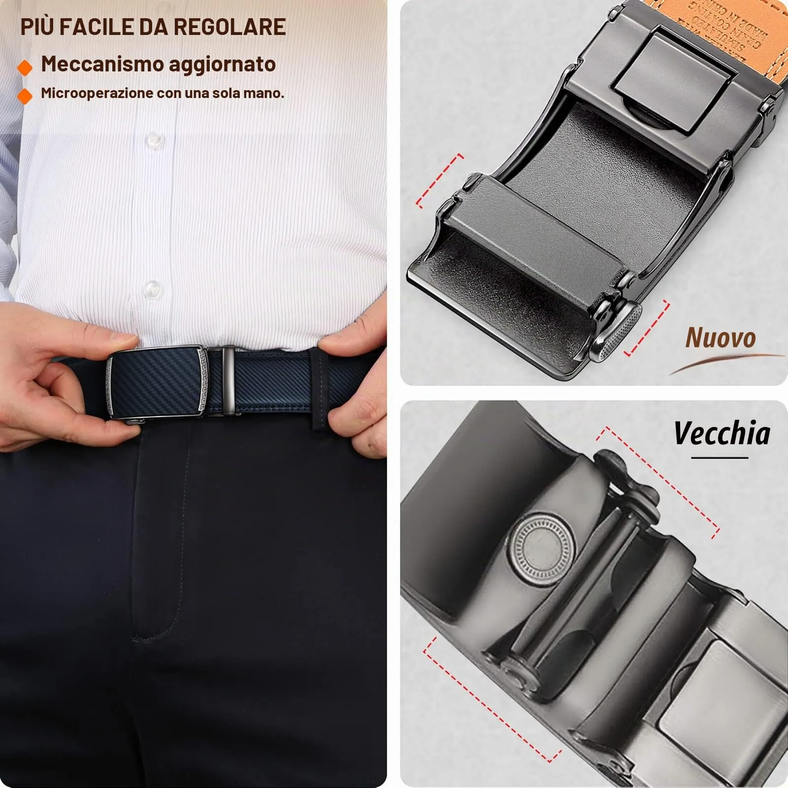 BULLIANT Cintura Uomo in Pelle con Fibbia Automatica a Cricchetto 35mm, Blu Antico 2495, 115cm (32-38 vita regolabile) - immagine 5