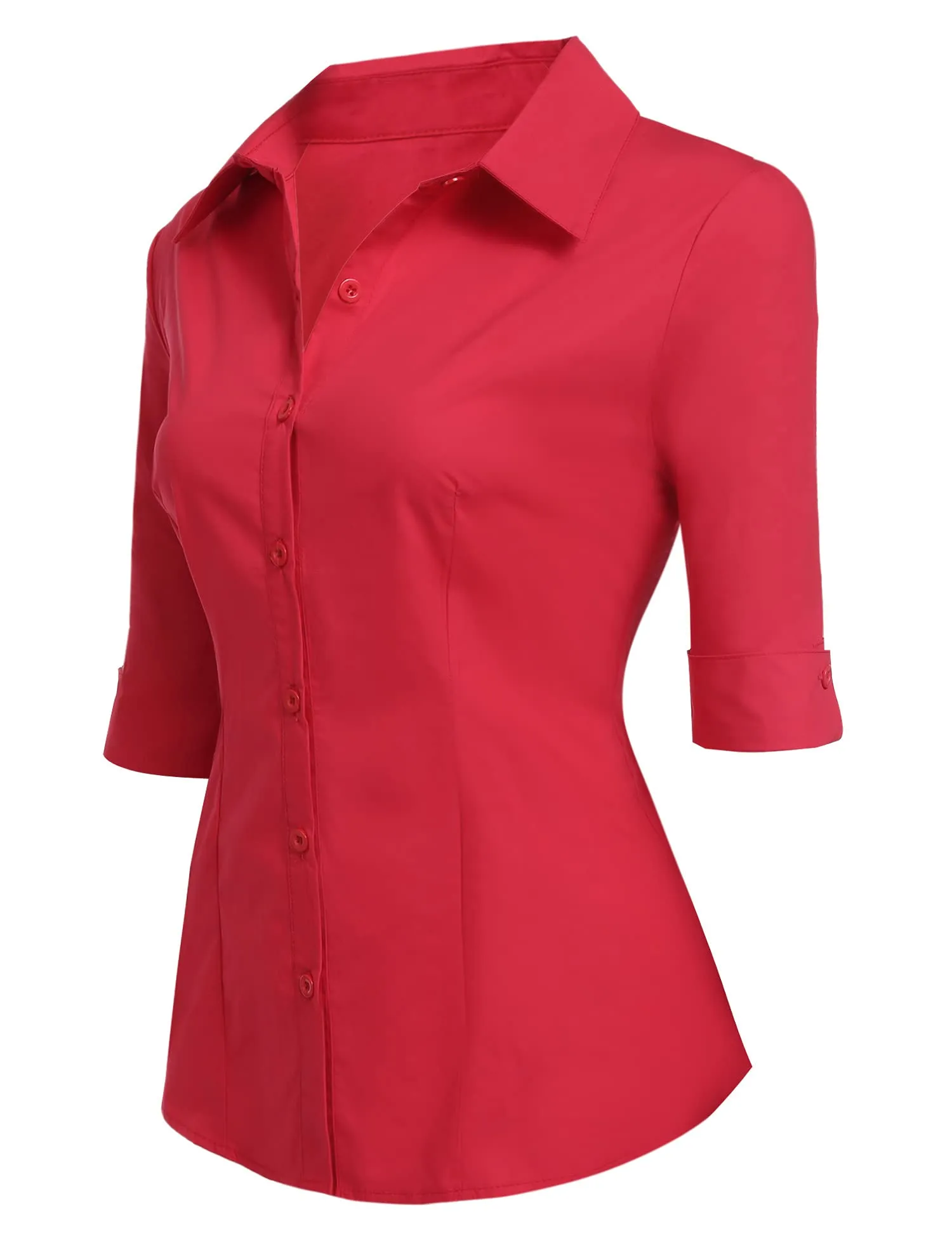 Hotouch Camicetta da Donna in Cotone, Manica a 3/4, Scollo a V, Slim Fit, Rosso, S - immagine 3