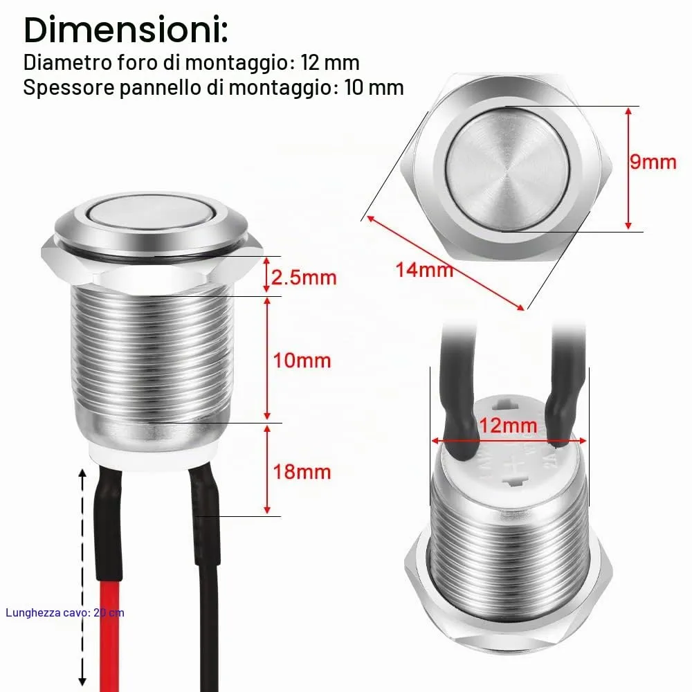 Gebildet 10pcs Pre-wired Momentary Waterproof Push Button Stainless Steel 12mm 2A 12V/24V/125V/250V Flat Head - immagine 2