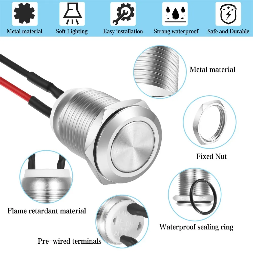 Gebildet 10pcs Pre-wired Momentary Waterproof Push Button Stainless Steel 12mm 2A 12V/24V/125V/250V Flat Head - immagine 3