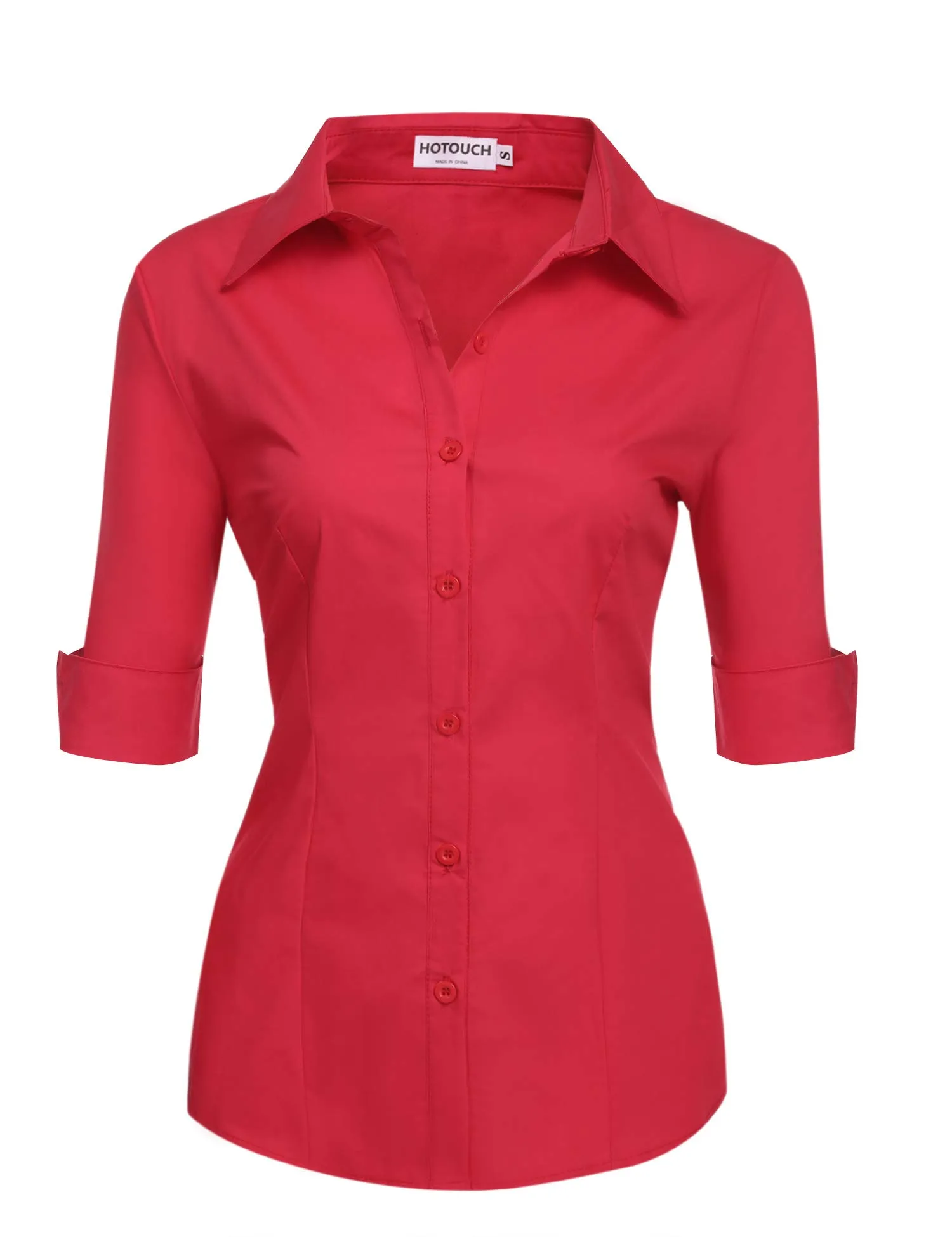 Hotouch Camicetta da Donna in Cotone, Manica a 3/4, Scollo a V, Slim Fit, Rosso, M - immagine 1
