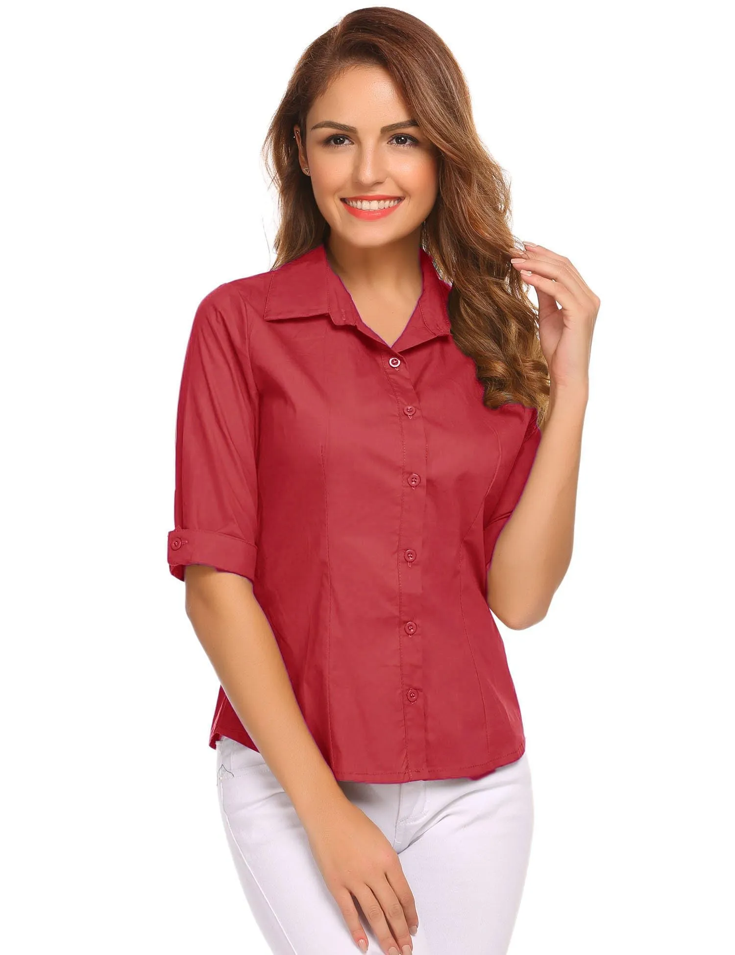Hotouch Camicetta da Donna in Cotone, Manica a 3/4, Scollo a V, Slim Fit, Rosso, XS - immagine 2