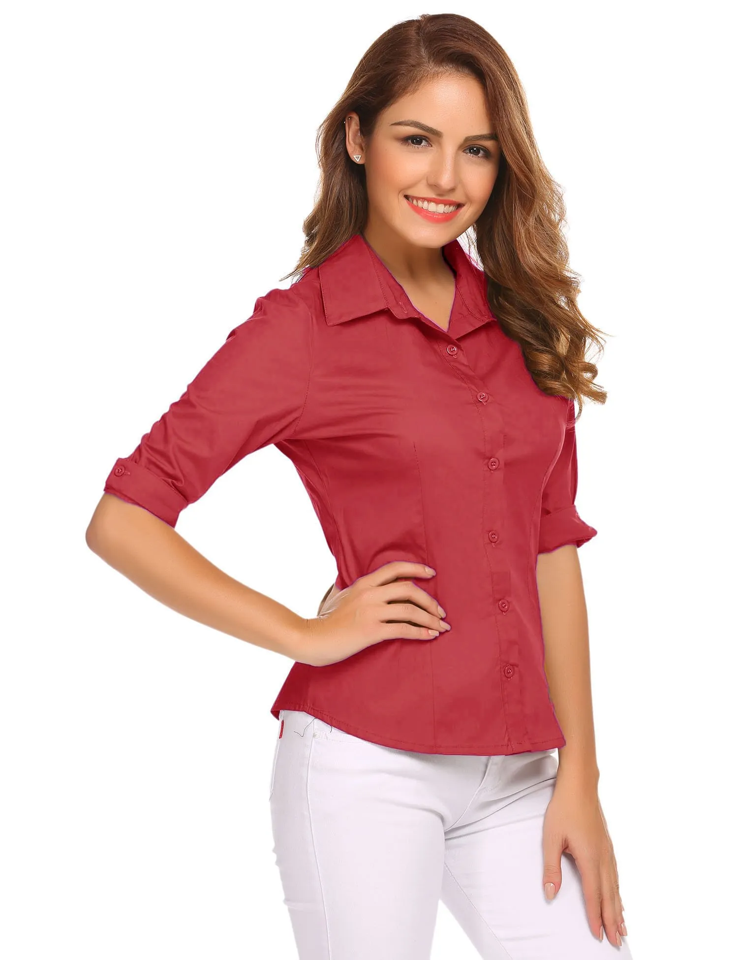 Hotouch Camicetta da Donna in Cotone, Manica a 3/4, Scollo a V, Slim Fit, Rosso, XS - immagine 5