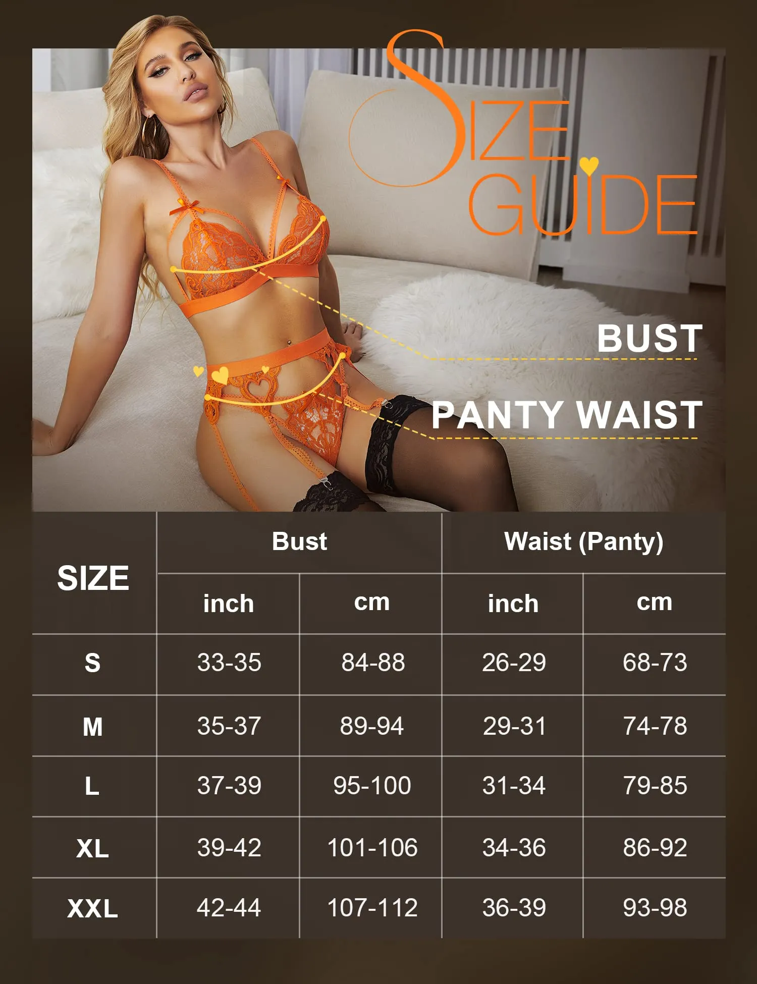 RSLOVE Set di Lingerie in Pizzo con Reggicalze, 3 Pezzi, Arancione, XXL - immagine 5