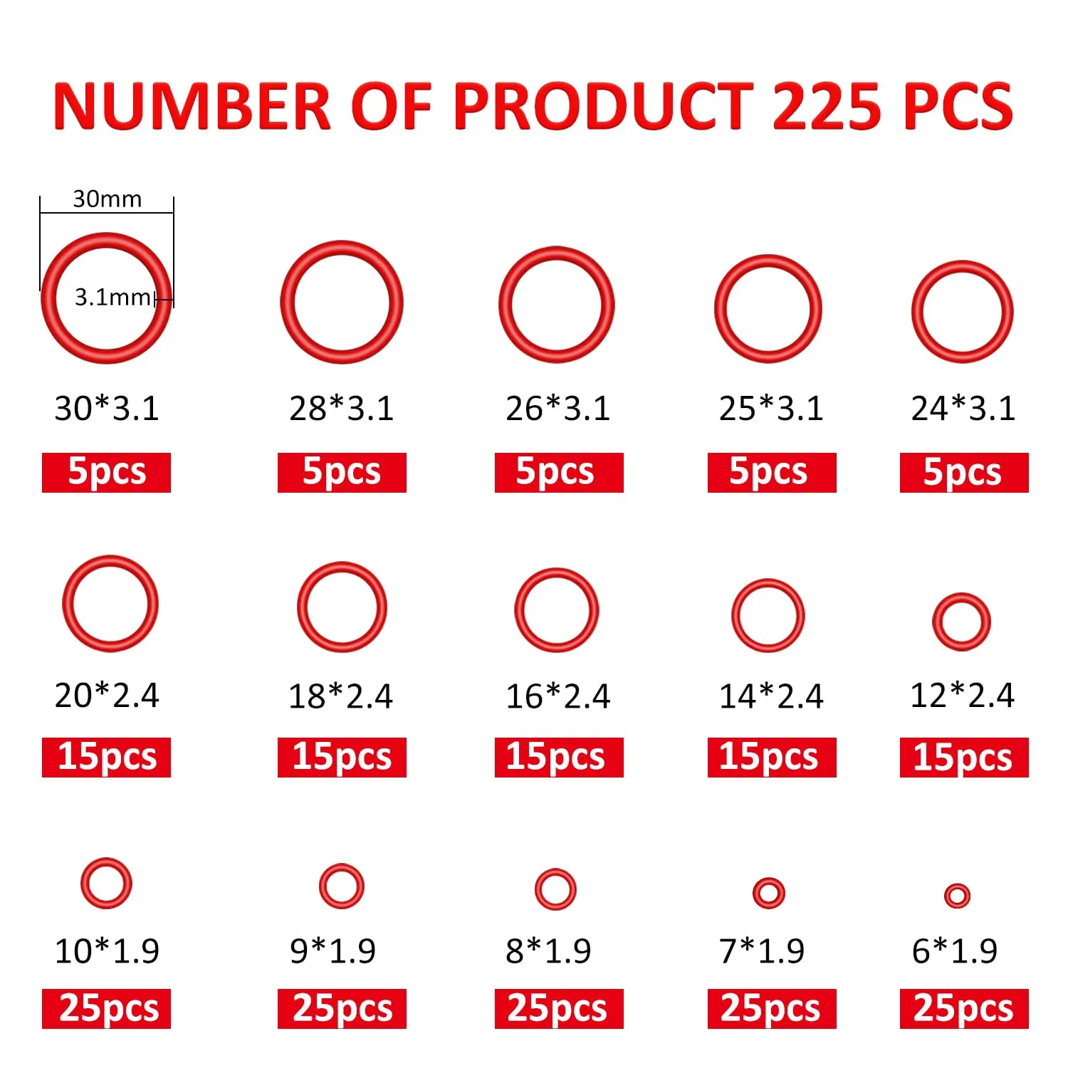 YIXISI Kit Assortimento O-ring in Silicone, 225 Pezzi, 15 Misure, Rosso - immagine 2
