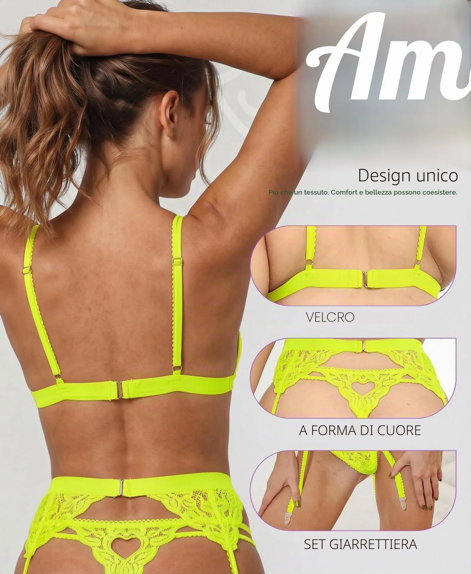 RSLOVE Set di Lingerie in Pizzo con Reggicalze 3 Pezzi, Giallo, XXL - immagine 4